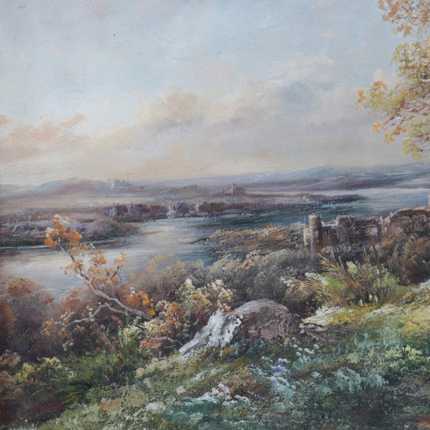 Hand-Painted Antique English Oil on Board Landscape Painting, circa 1880