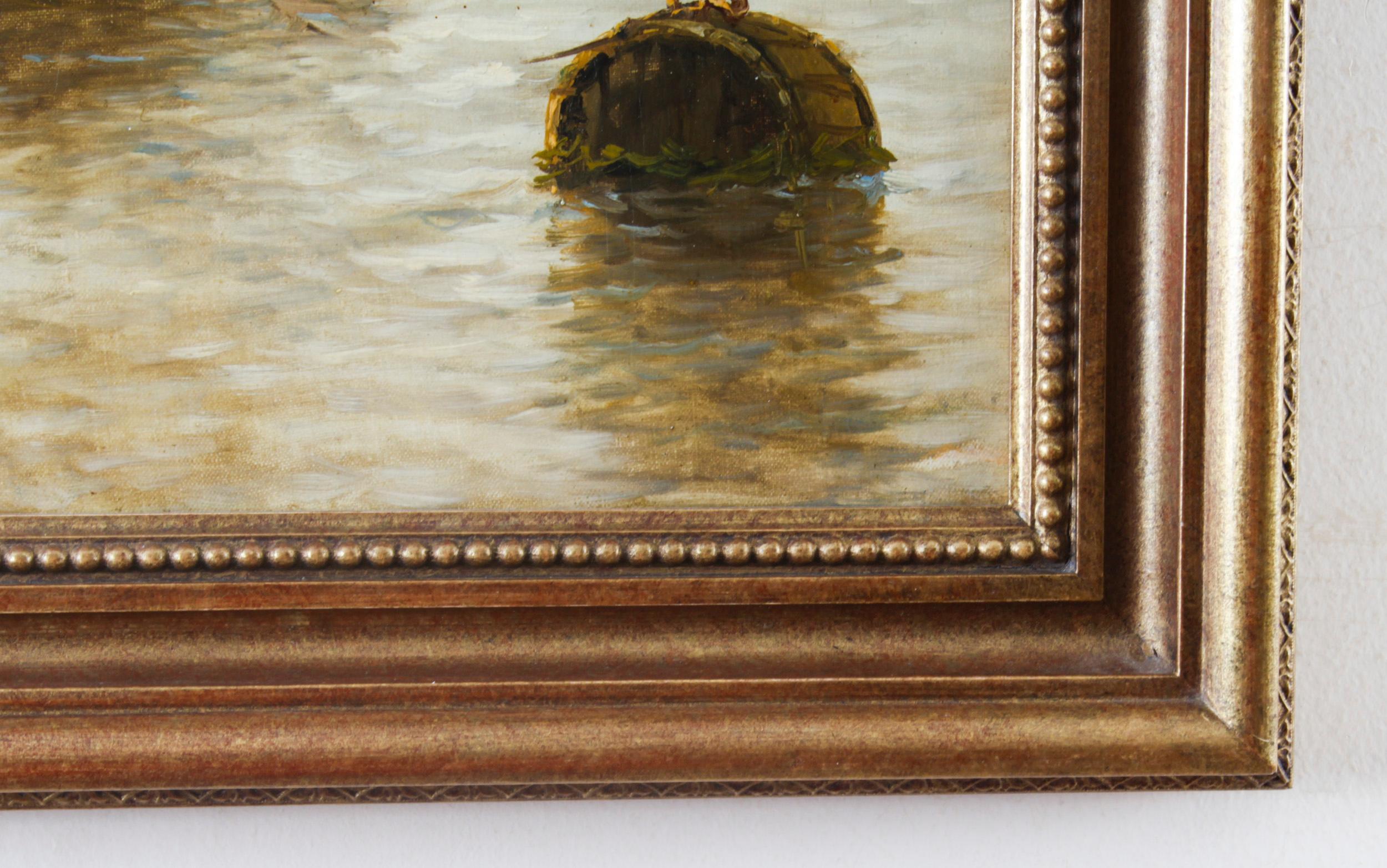Fin du XIXe siècle Peinture anglaise ancienne à l'huile sur toile d'une scène de rivière Edward Fletcher 19ème siècle en vente