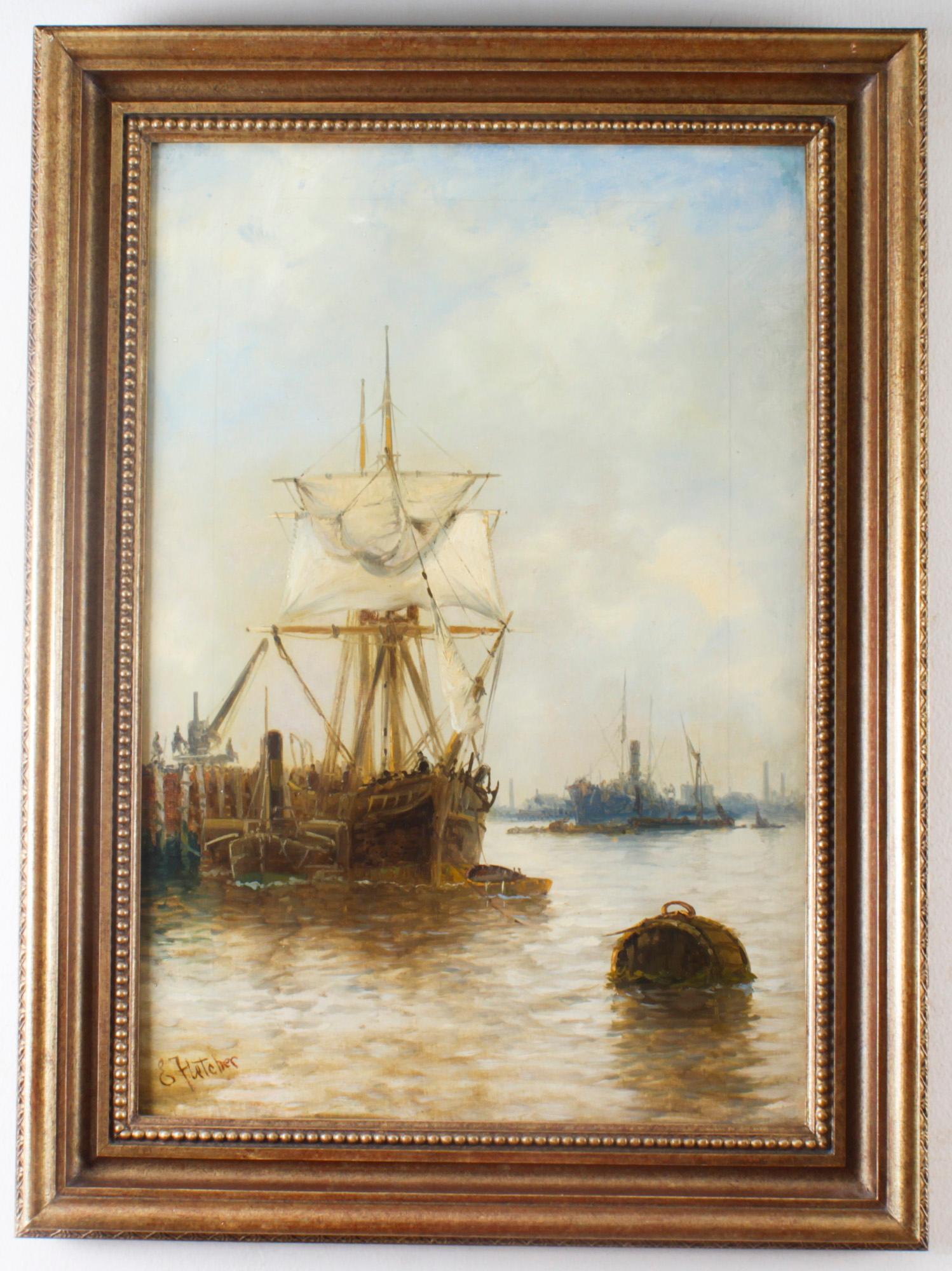 Peinture anglaise ancienne à l'huile sur toile d'une scène de rivière Edward Fletcher 19ème siècle en vente 1