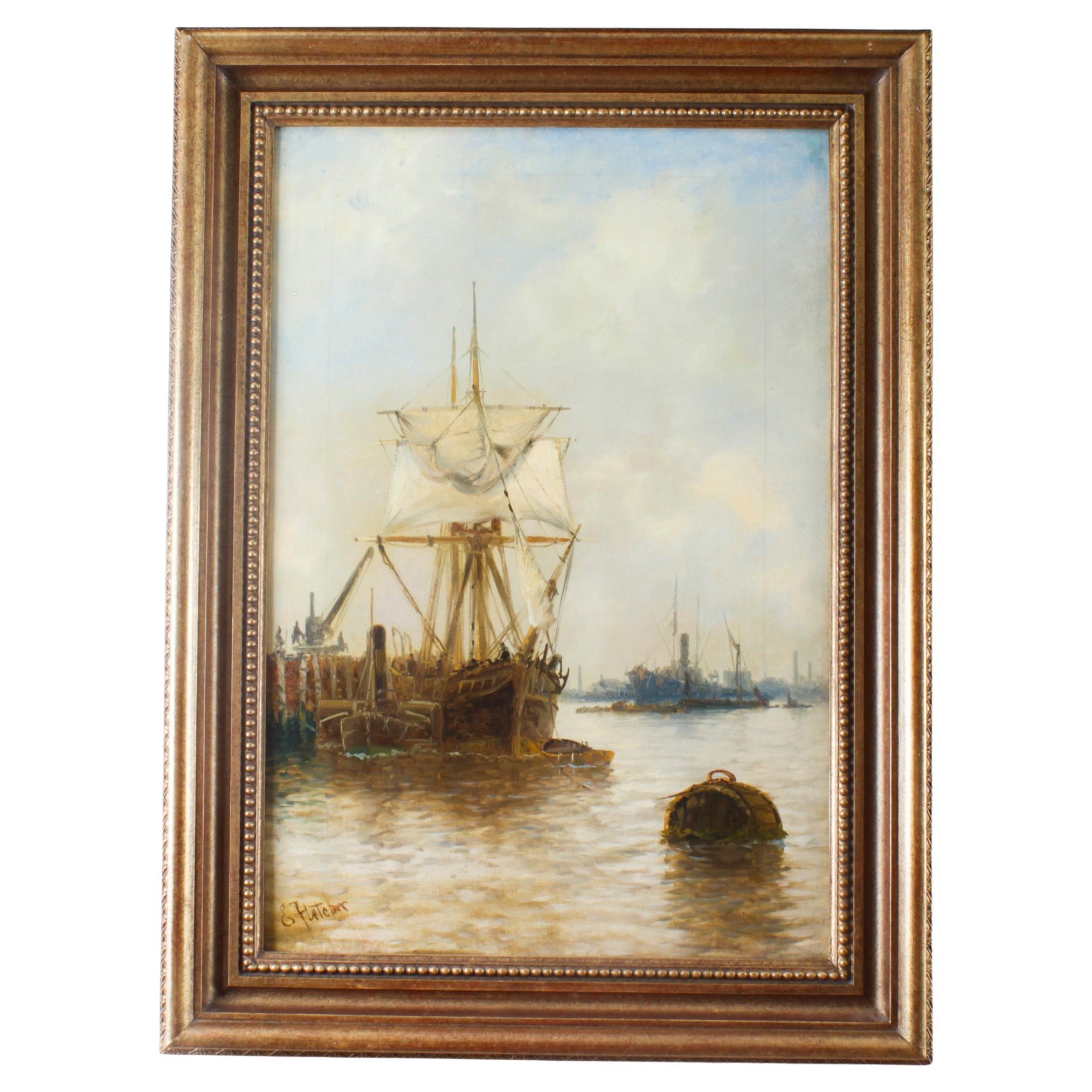 Antique English Oil on Canvas Painting of a River Scene Edward Fletcher 19th C For Sale