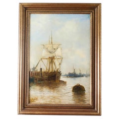 Antique English Oil on Canvas Painting of a River Scene Edward Fletcher 19th C