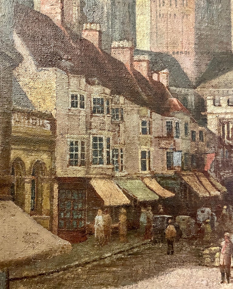 Antique English Oil On Canvas Painting "The Marketplace," by E
