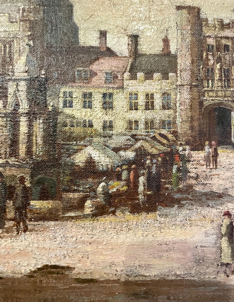 Antique English Oil On Canvas Painting "The Marketplace," by E