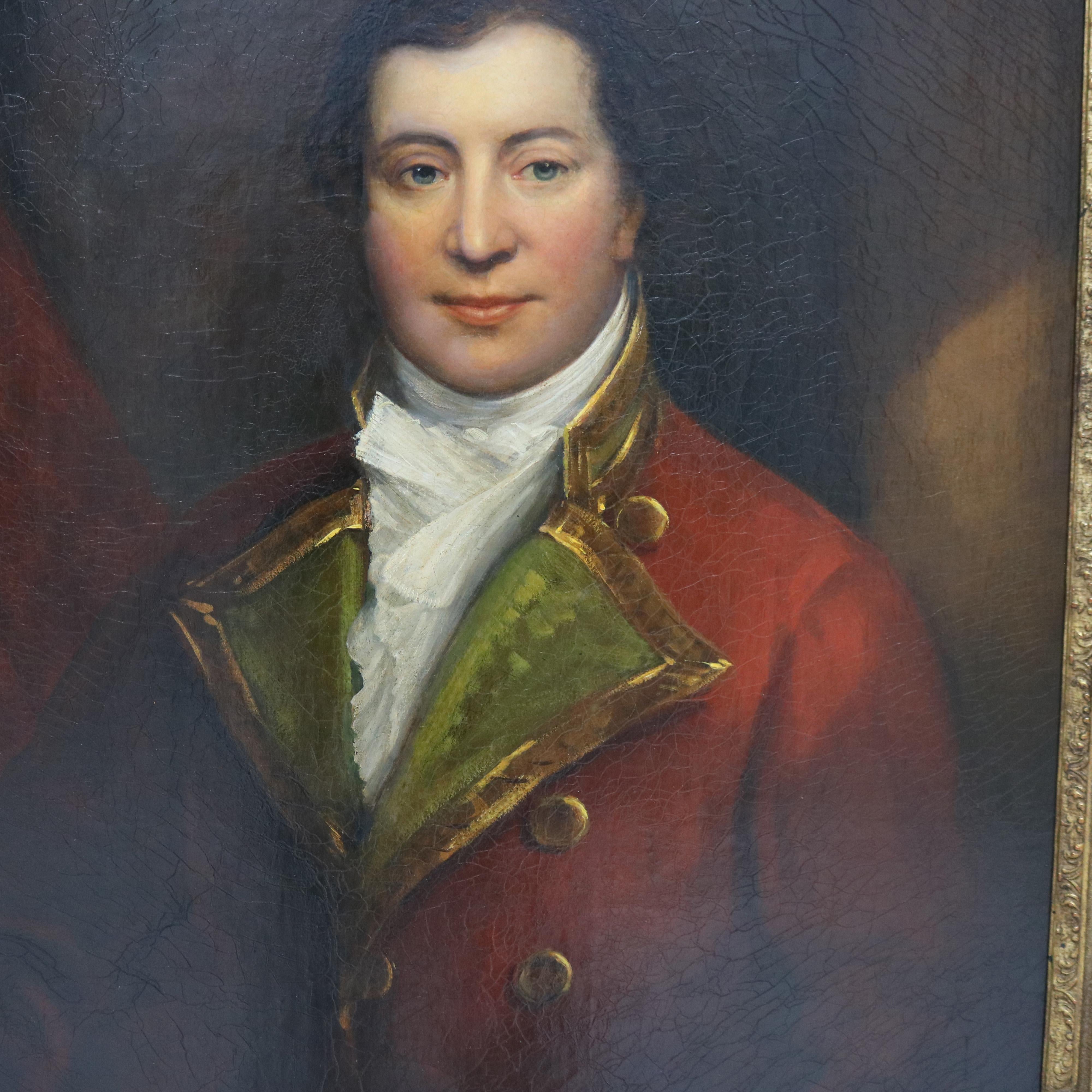 Antique English Oil On Canvas Portrait of a Man by Thomas Beach 18thC, Giltwood Framed 

Provenance: Oct 1966 purchased by Fred Wetzel from Rhone Auction from Carmen Ryan Houck estate, formerly one of W.B. Stuart collection, Williamsport,