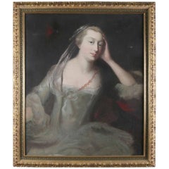 Antique English Oil on Canvas Portrait Painting of Lady, 19th Century