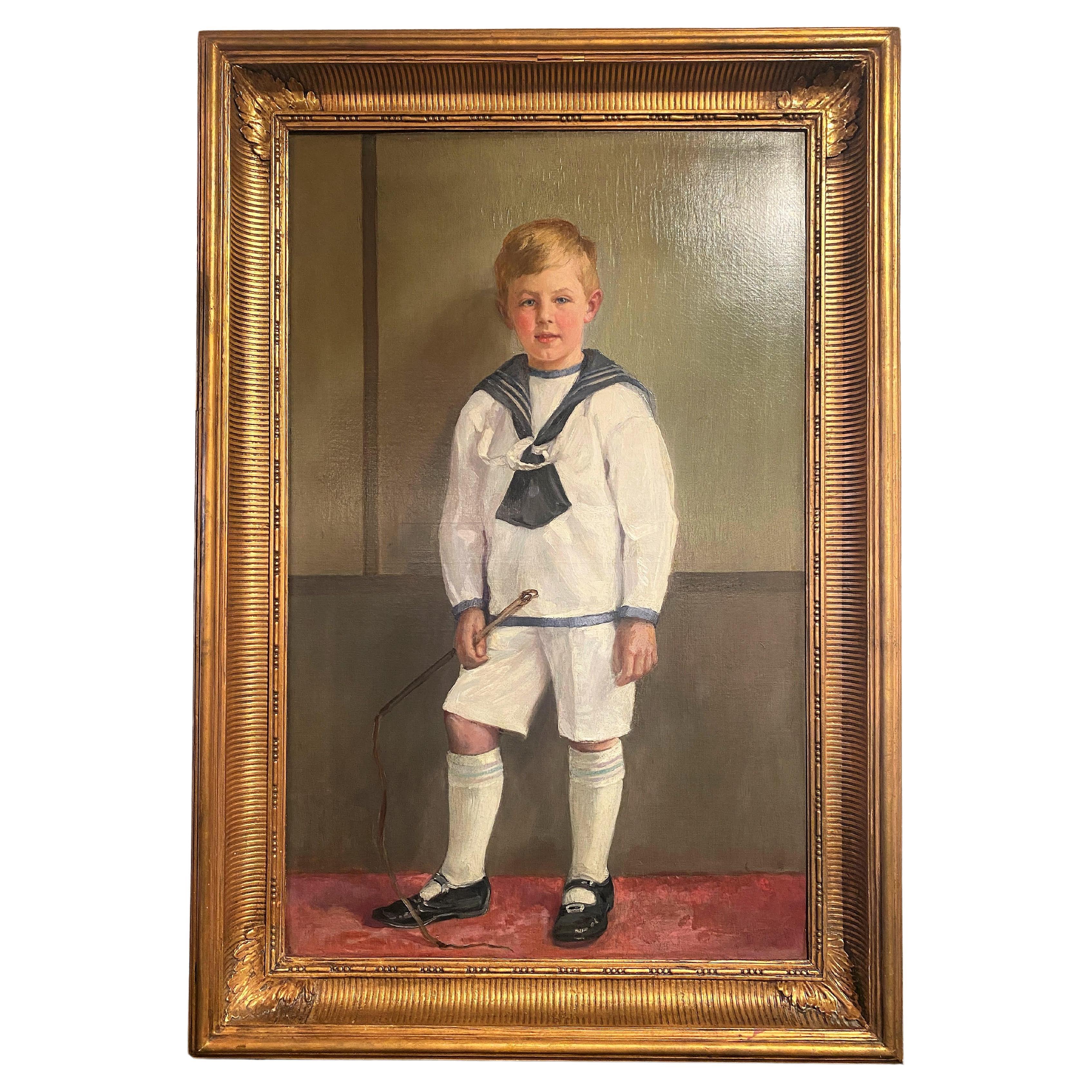 Antique English Oil Painting "Boy in a Sailor Suit" by William D. Adams For Sale