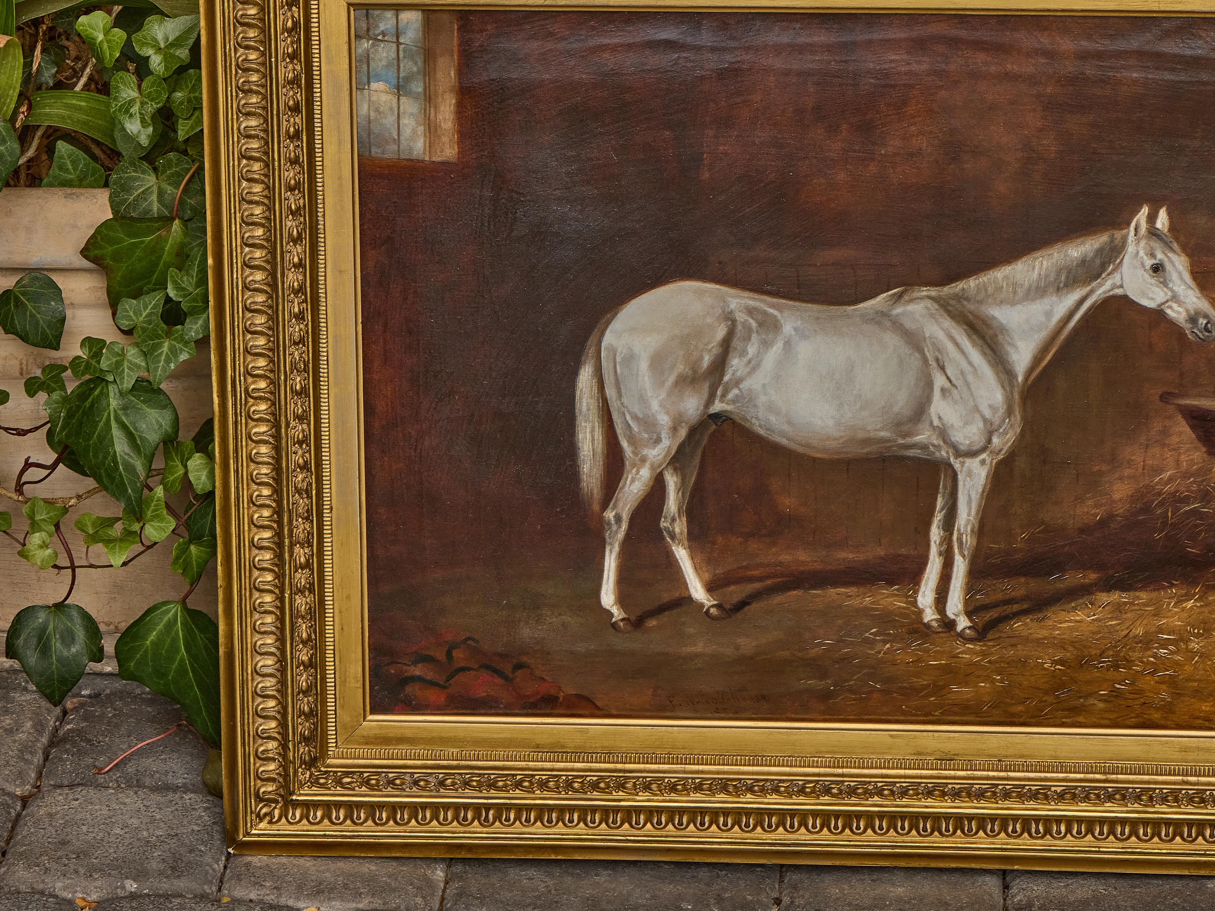 Antique English Oil Painting of a White Horse in Giltwood Frame, circa 1884 For Sale 4