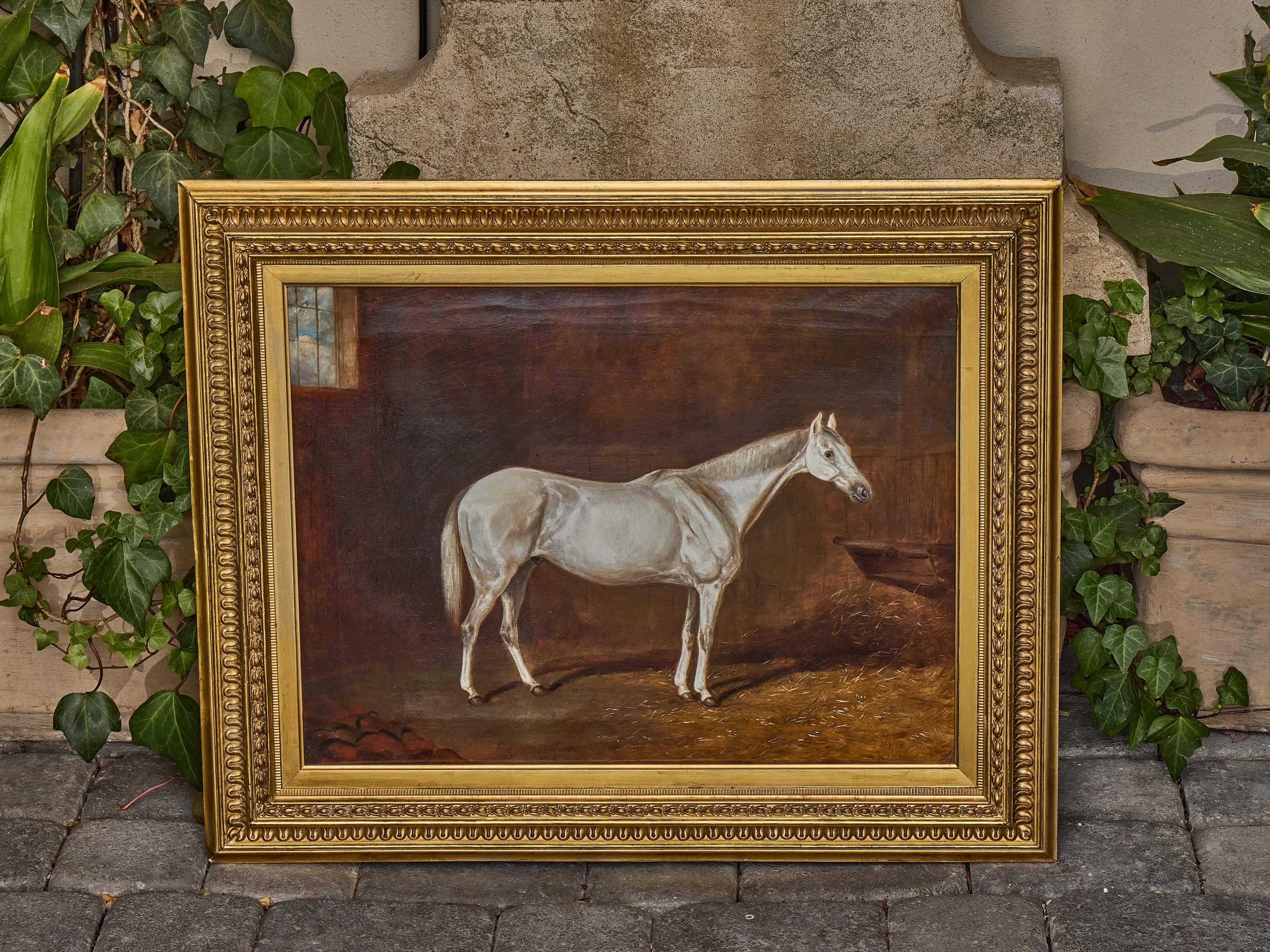 Antique English Oil Painting of a White Horse in Giltwood Frame, circa 1884 For Sale 11