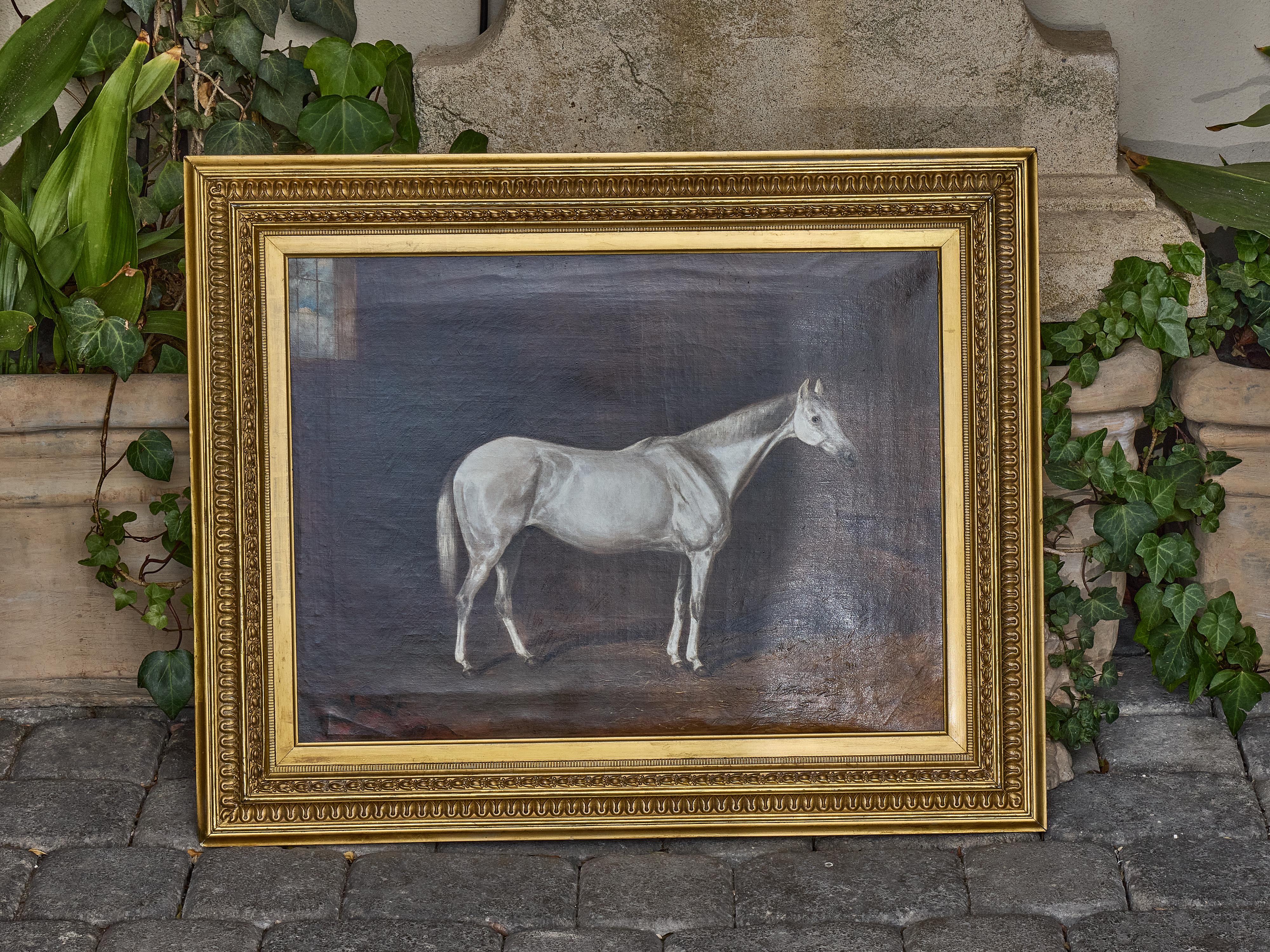 Carved Antique English Oil Painting of a White Horse in Giltwood Frame, circa 1884 For Sale