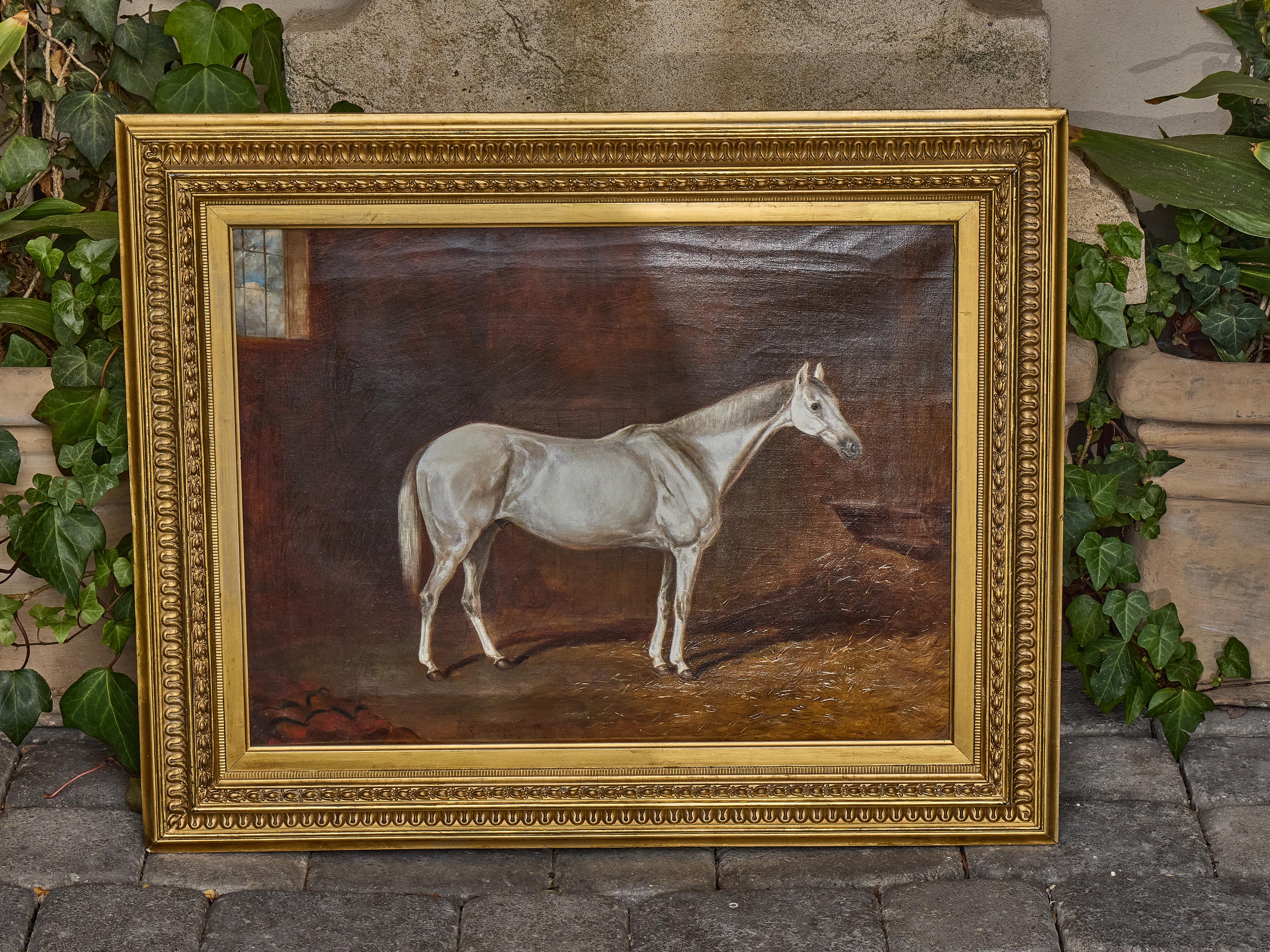 Antique English Oil Painting of a White Horse in Giltwood Frame, circa 1884 In Good Condition For Sale In Atlanta, GA