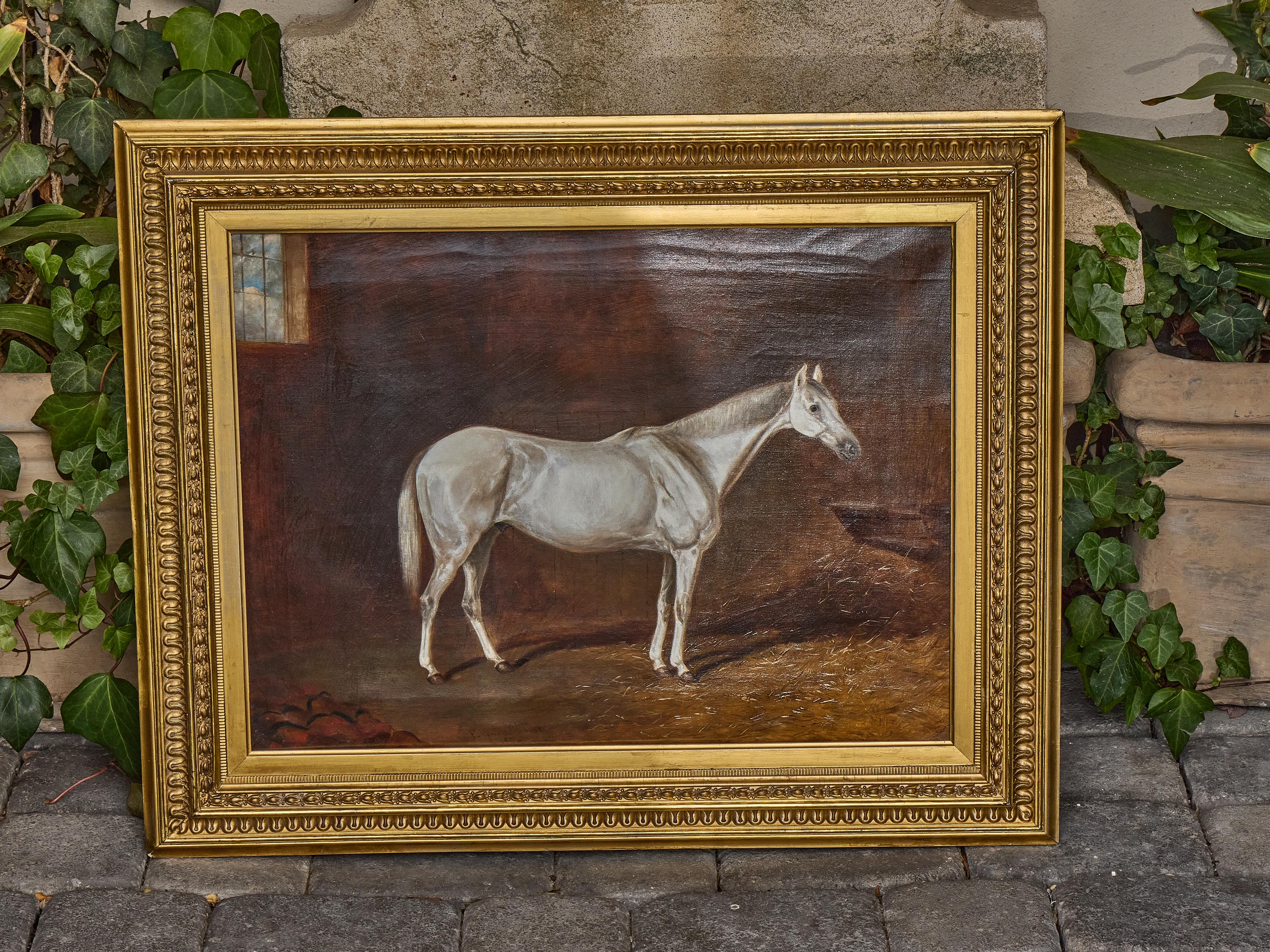 19th Century Antique English Oil Painting of a White Horse in Giltwood Frame, circa 1884 For Sale