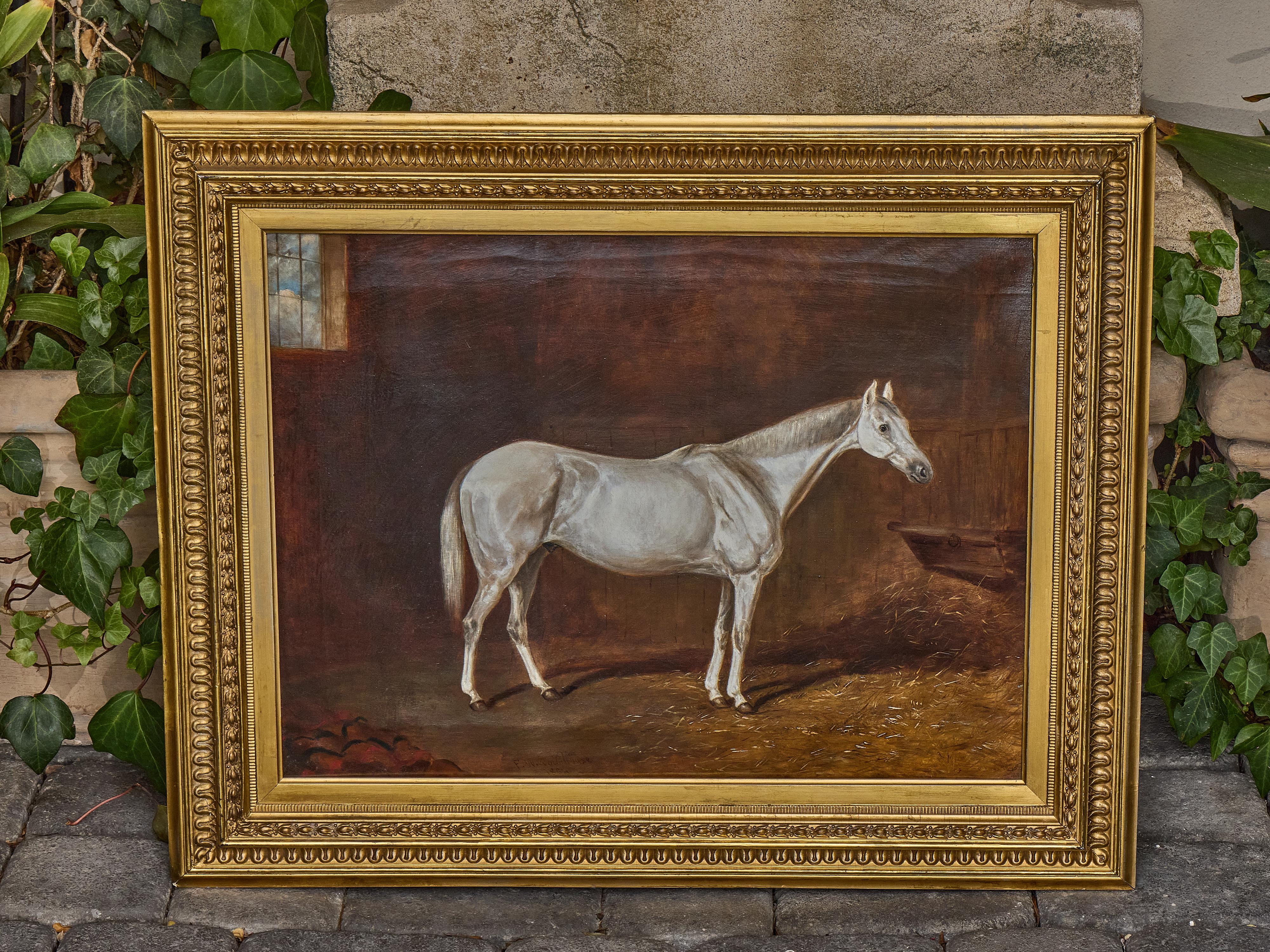 Canvas Antique English Oil Painting of a White Horse in Giltwood Frame, circa 1884 For Sale