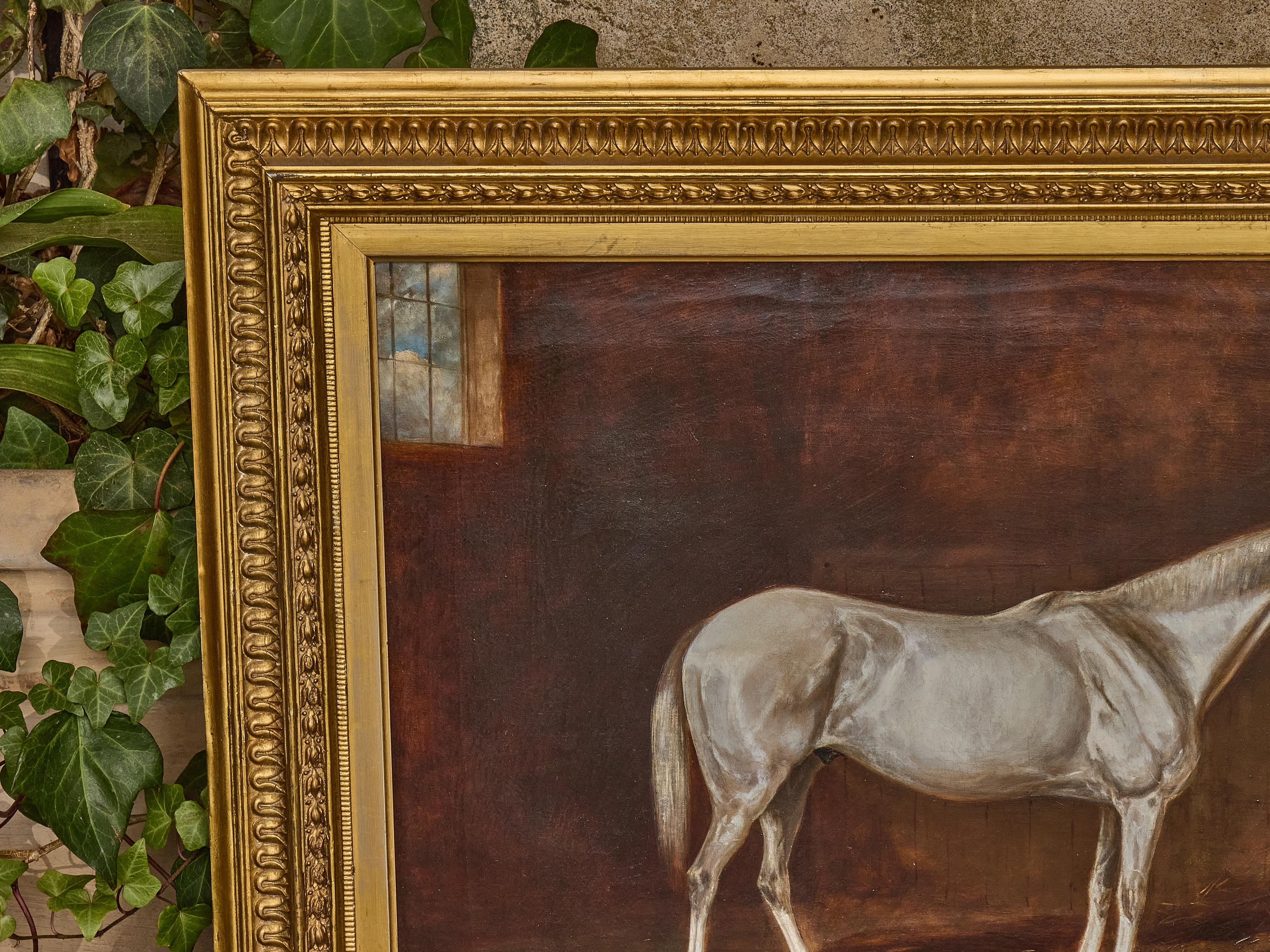 Antique English Oil Painting of a White Horse in Giltwood Frame, circa 1884 For Sale 1