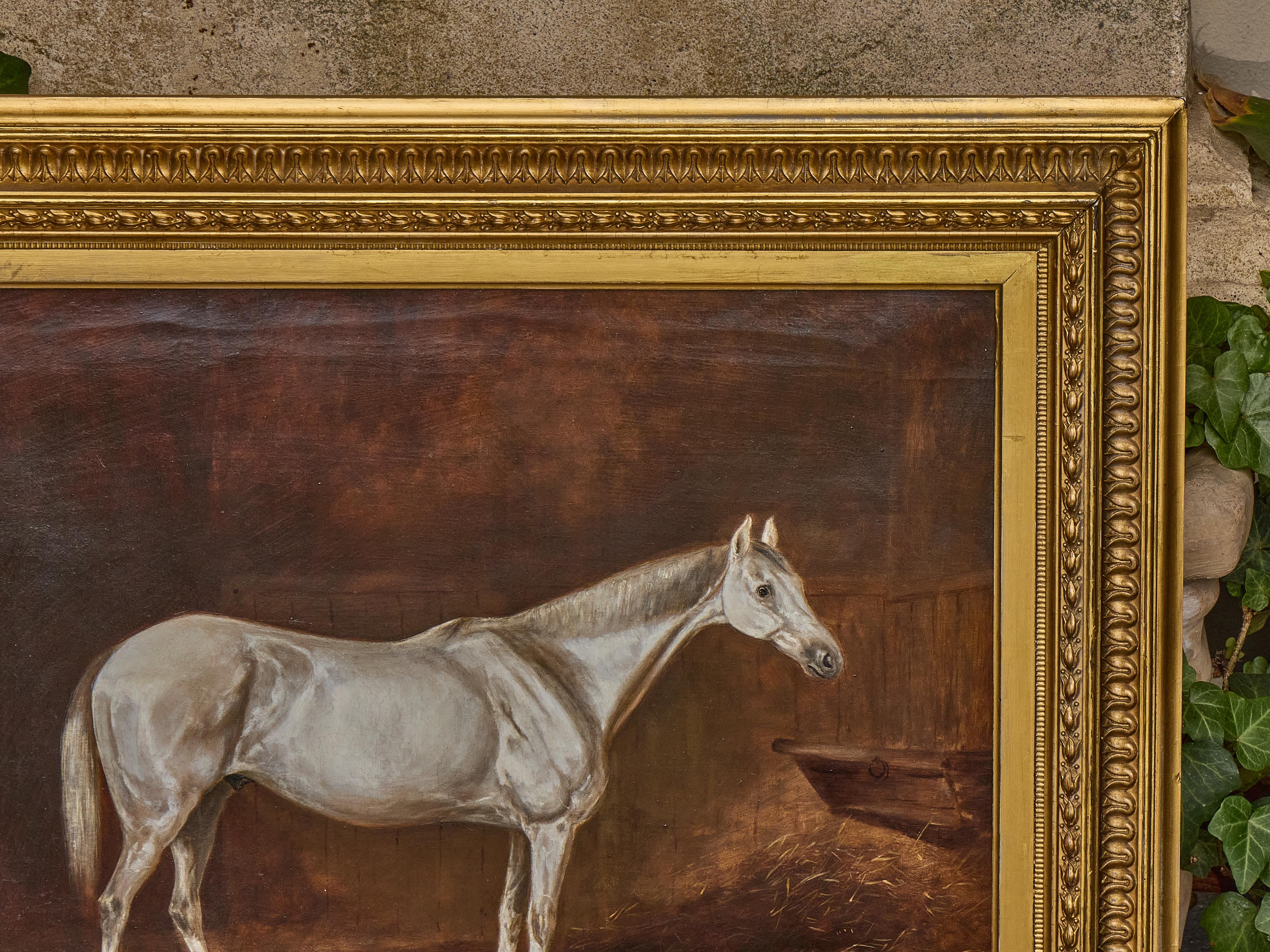 Antique English Oil Painting of a White Horse in Giltwood Frame, circa 1884 For Sale 2