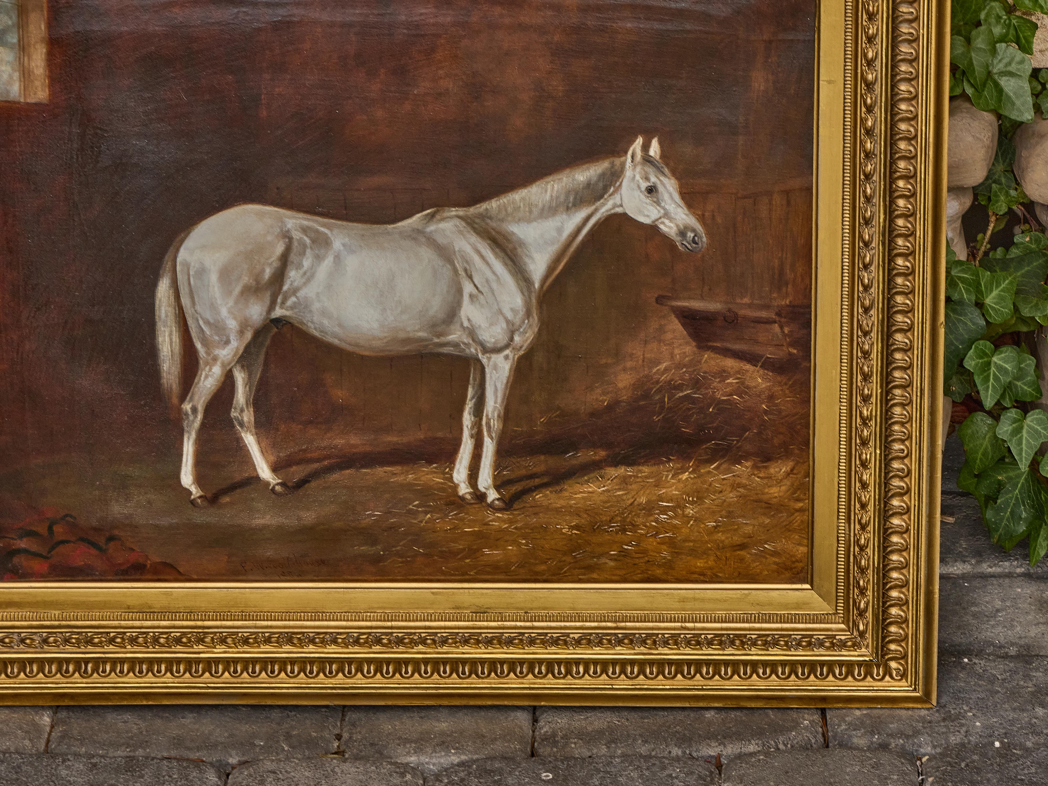 Antique English Oil Painting of a White Horse in Giltwood Frame, circa 1884 For Sale 3