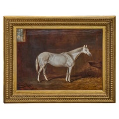 Ancienne peinture à l'huile anglaise d'un cheval blanc dans un cadre en bois doré, vers 1884