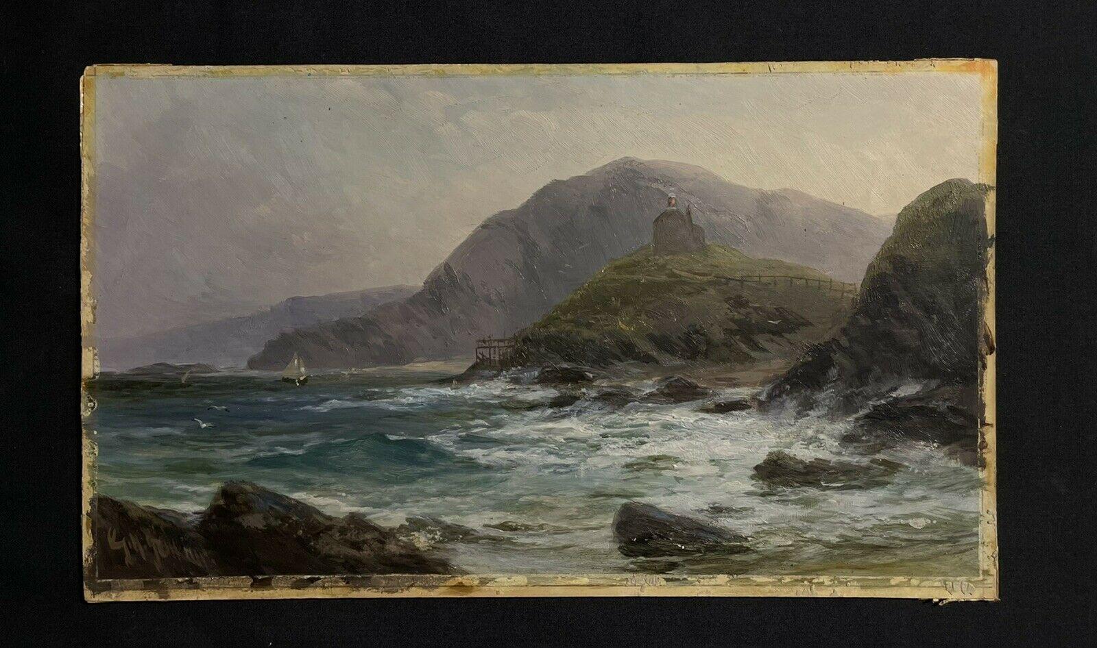 Coastal Seascape Signed Antique British oil painting Rocky Coastline waves - Painting by Antique English oil