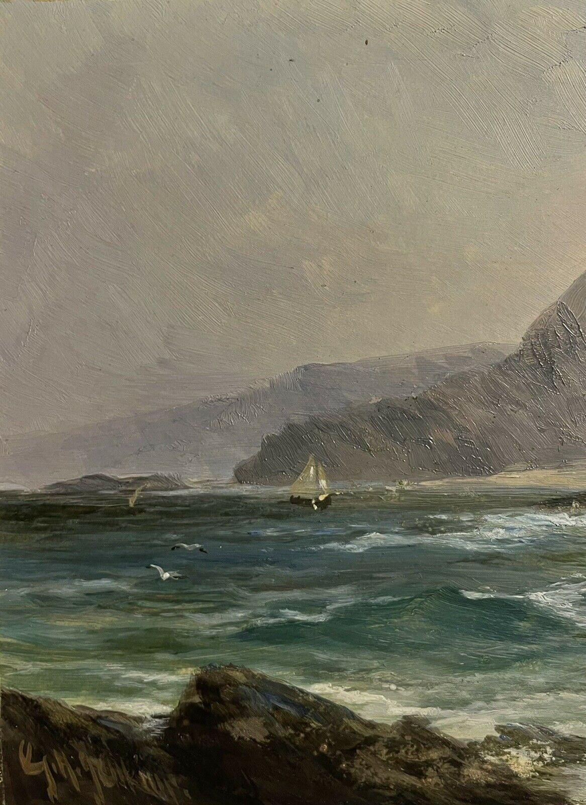 Coastal Seascape Signed Antique British oil painting Rocky Coastline waves - Victorian Painting by Antique English oil