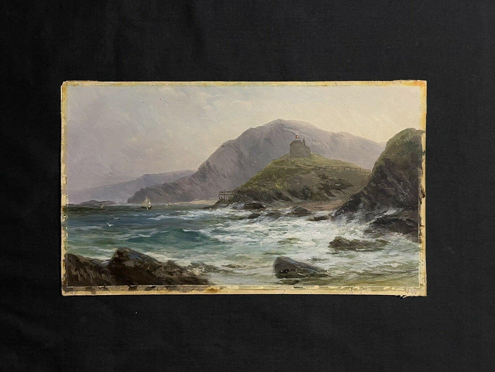 Coastal Seascape Signed Antique British oil painting Rocky Coastline waves 1