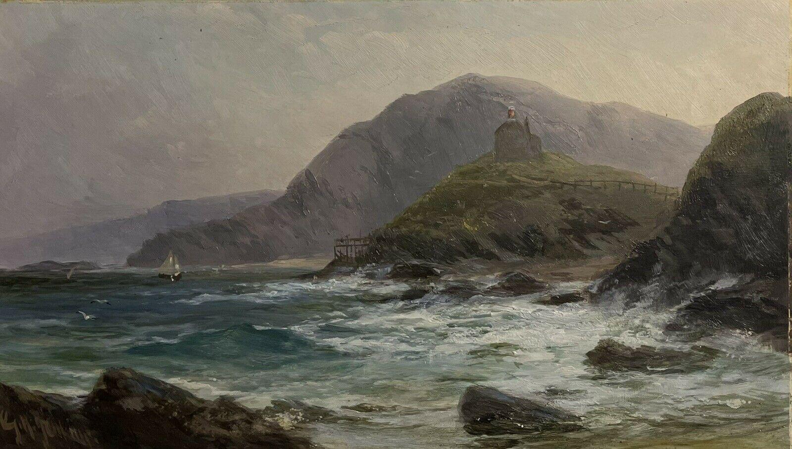 Antique English oil Landscape Painting - Coastal Seascape Signed Antique British oil painting Rocky Coastline waves