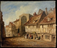 Figuren vor St Marys Hall Coventry 19. Jahrhundert Englisches Ölgemälde