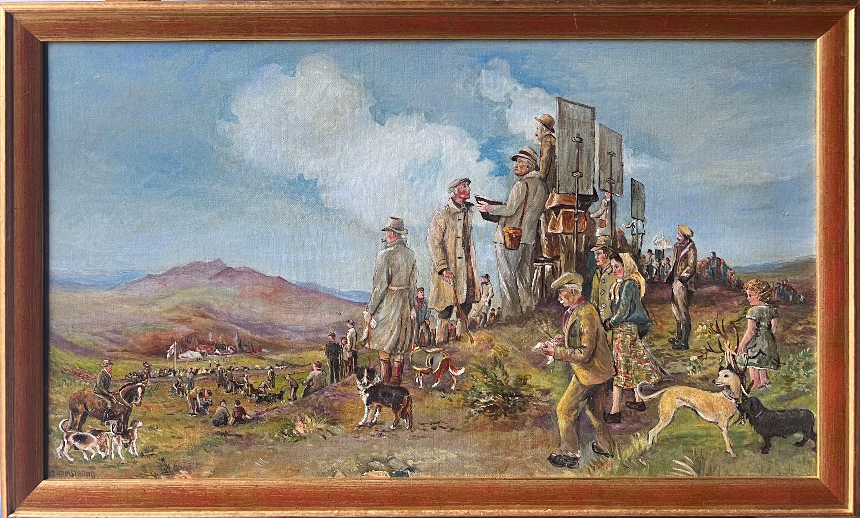 Antique English oil Animal Painting - Large English Sporting Art Oil Painting Lurcher Racing North of England Highland