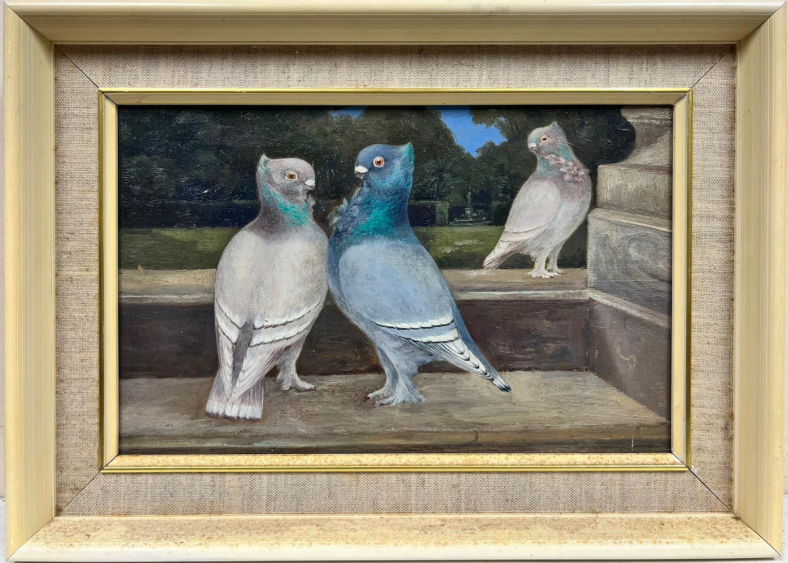 Pigeons Doves in Ornamental Park Landscape, Early Bird original oil painting - Painting by Antique English oil