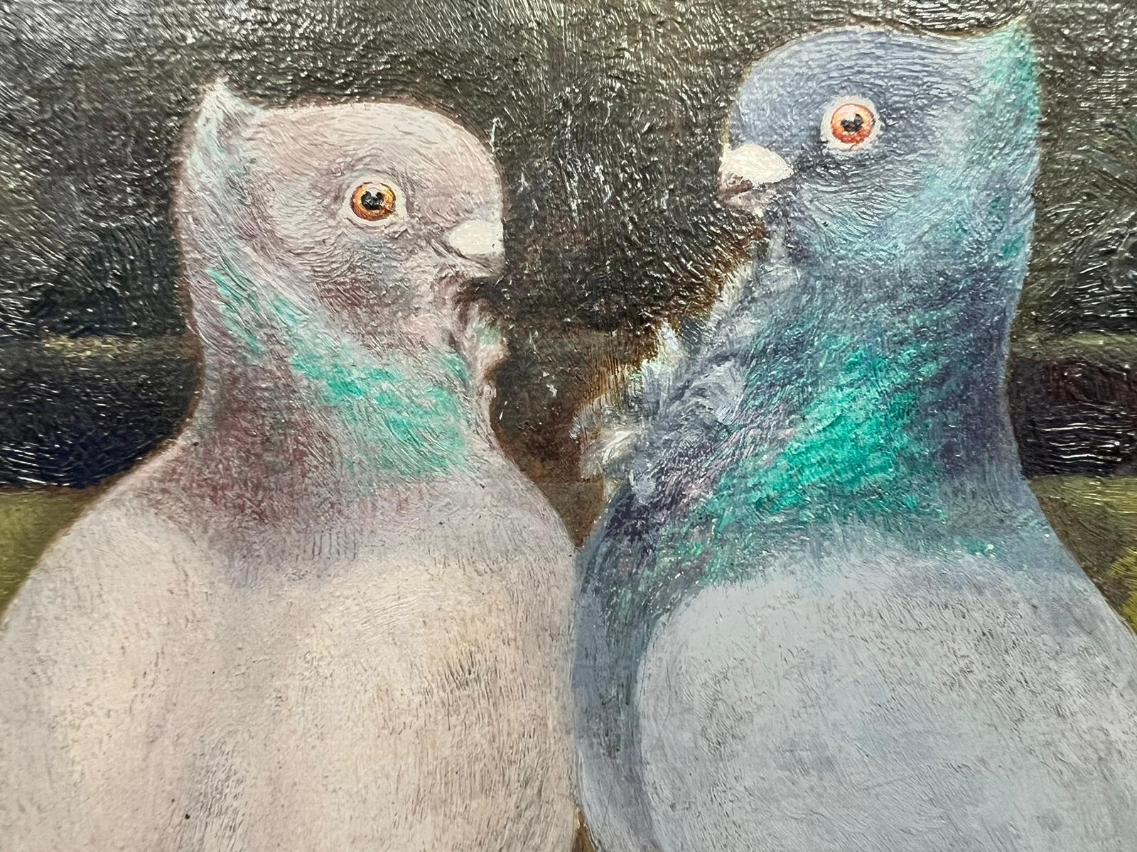 Palomas Palomas en paisaje de parque ornamental, pintura al óleo original Early Bird - Painting Victoriano de Antique English oil