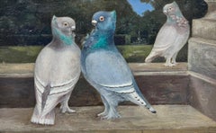 Antique Pigeons Doves in Ornamental Park Landscape, Early Bird original oil painting