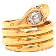 Antique English Old Mine Cut Diamond 18 Karat Yellow Gold Snake Ring
