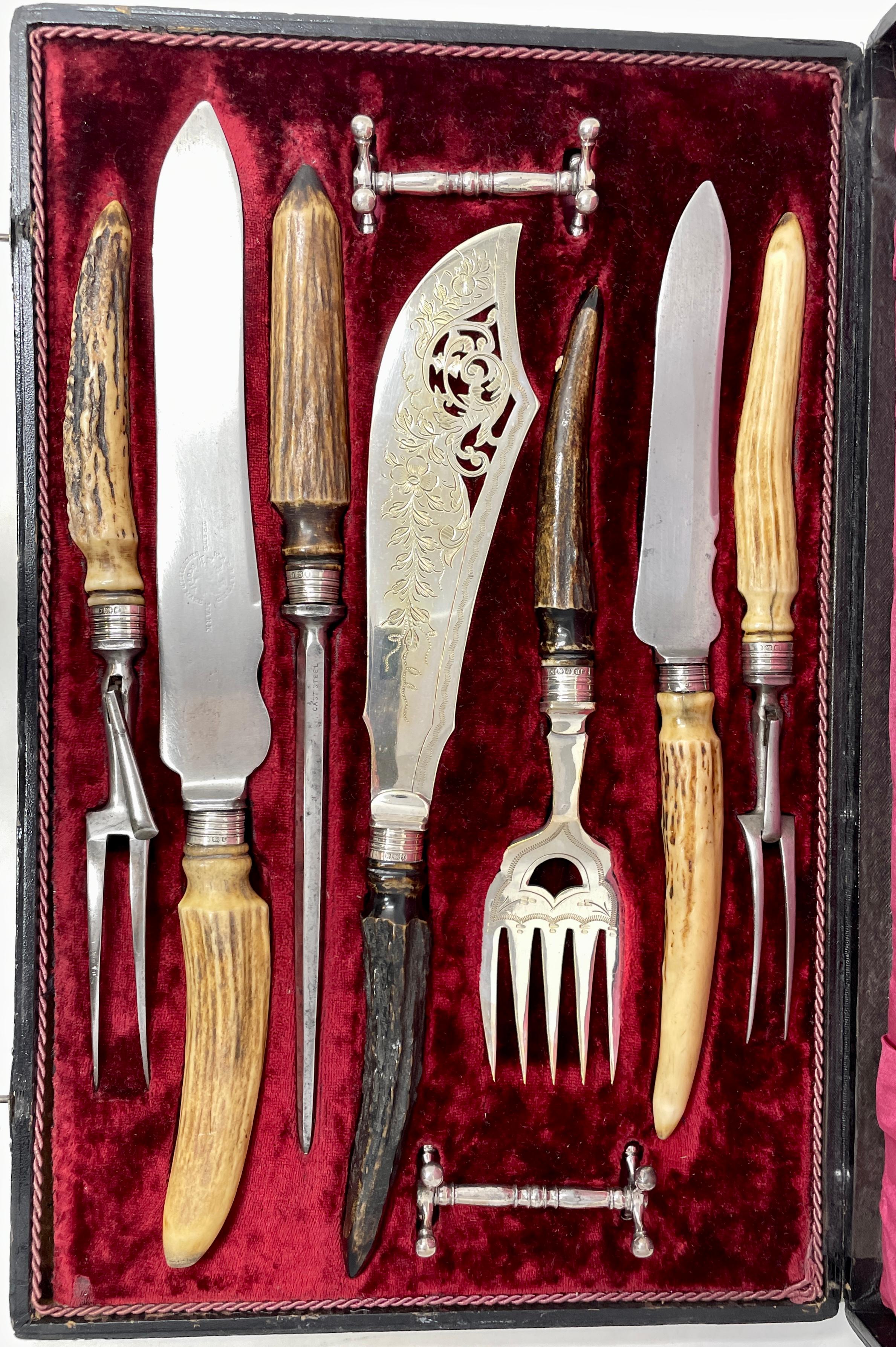 Antique English Old Victorian Sheffield Silver and Horn Handle Carving Set in Fitted Case, Circa 1860.  Hallmarked.