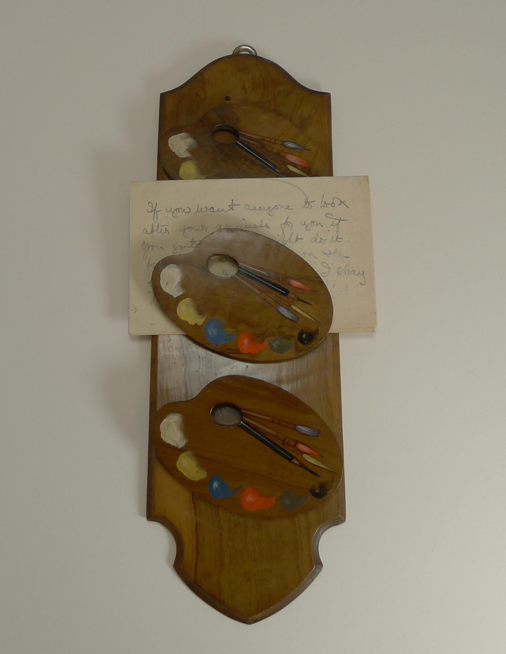 Antique English Olivewood Letter or Note Tidy, Artist's Palettes, circa 1900 2