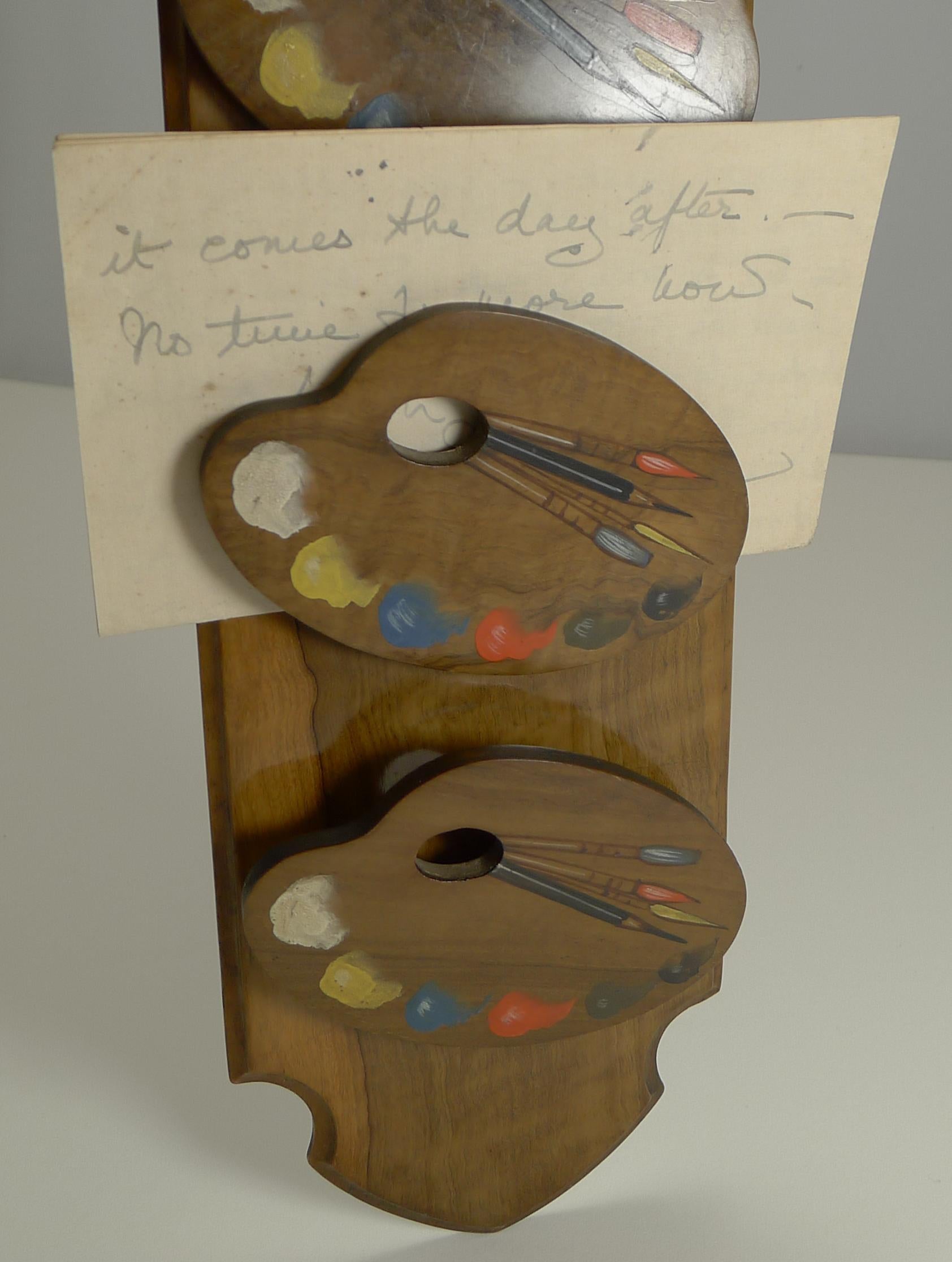 Antique English Olivewood Letter or Note Tidy, Artist's Palettes, circa 1900 3