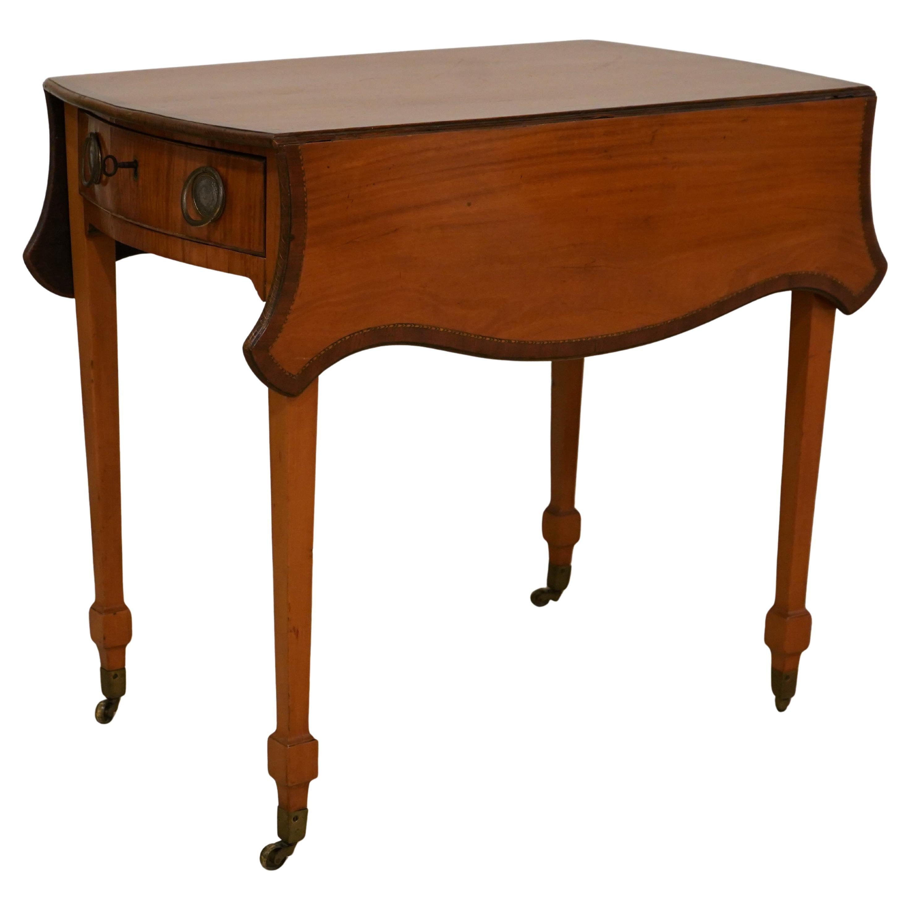 Antique English One Drawer Satin Wood Inlaid Pembroke Table Circa 1790