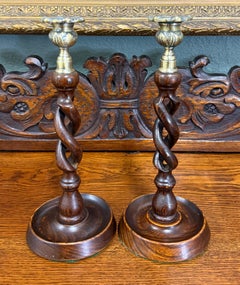 Antique English Open Barley Twist Candlesticks Candle Holders Oak PAIR 11.5"