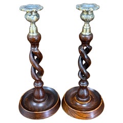 Antique English Open Barley Twist Candlesticks Candle Holders Oak PAIR 11.5"