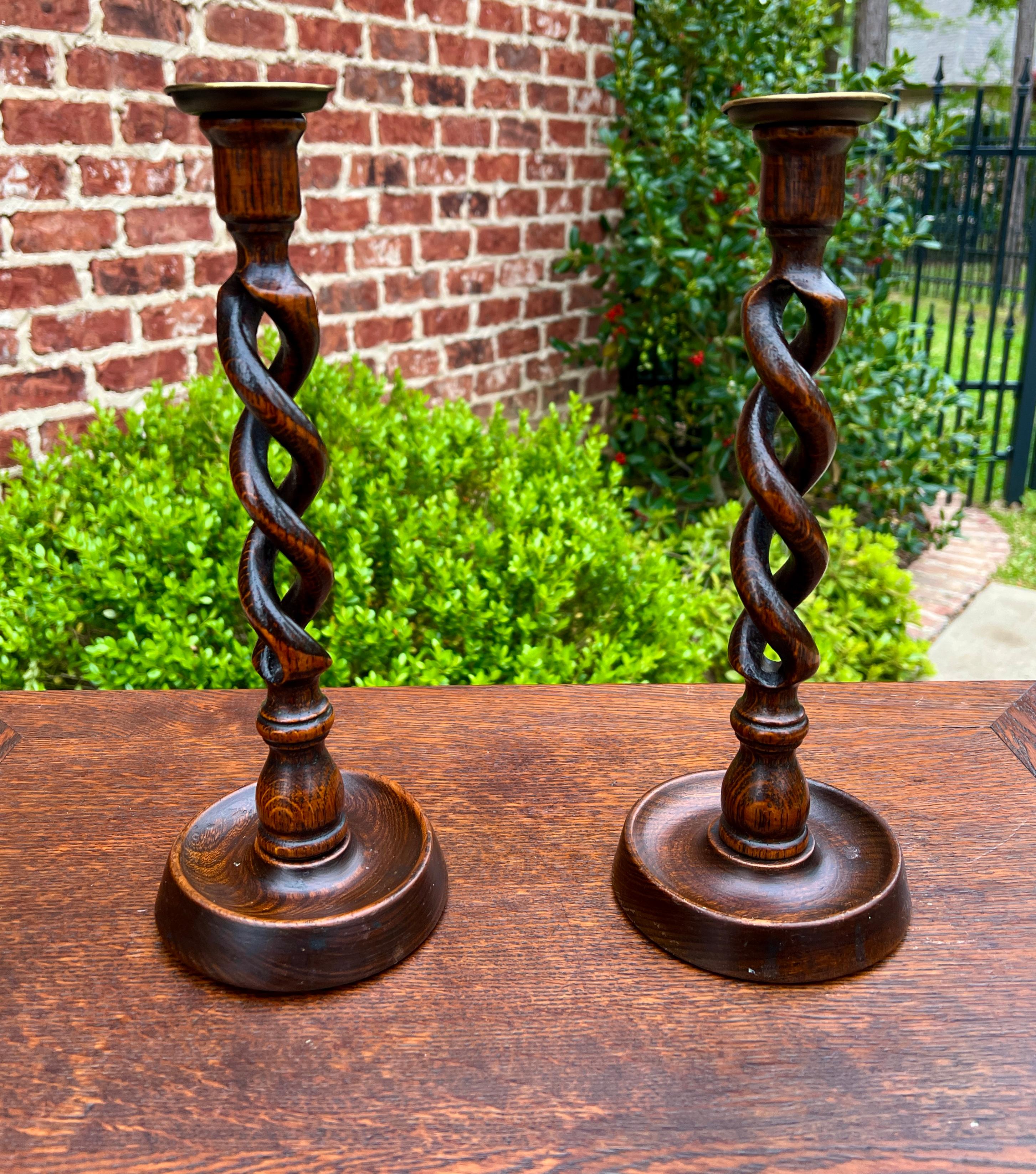 Antique English Open Barley Twist Candlesticks Candle Holders Oak PAIR 12.5