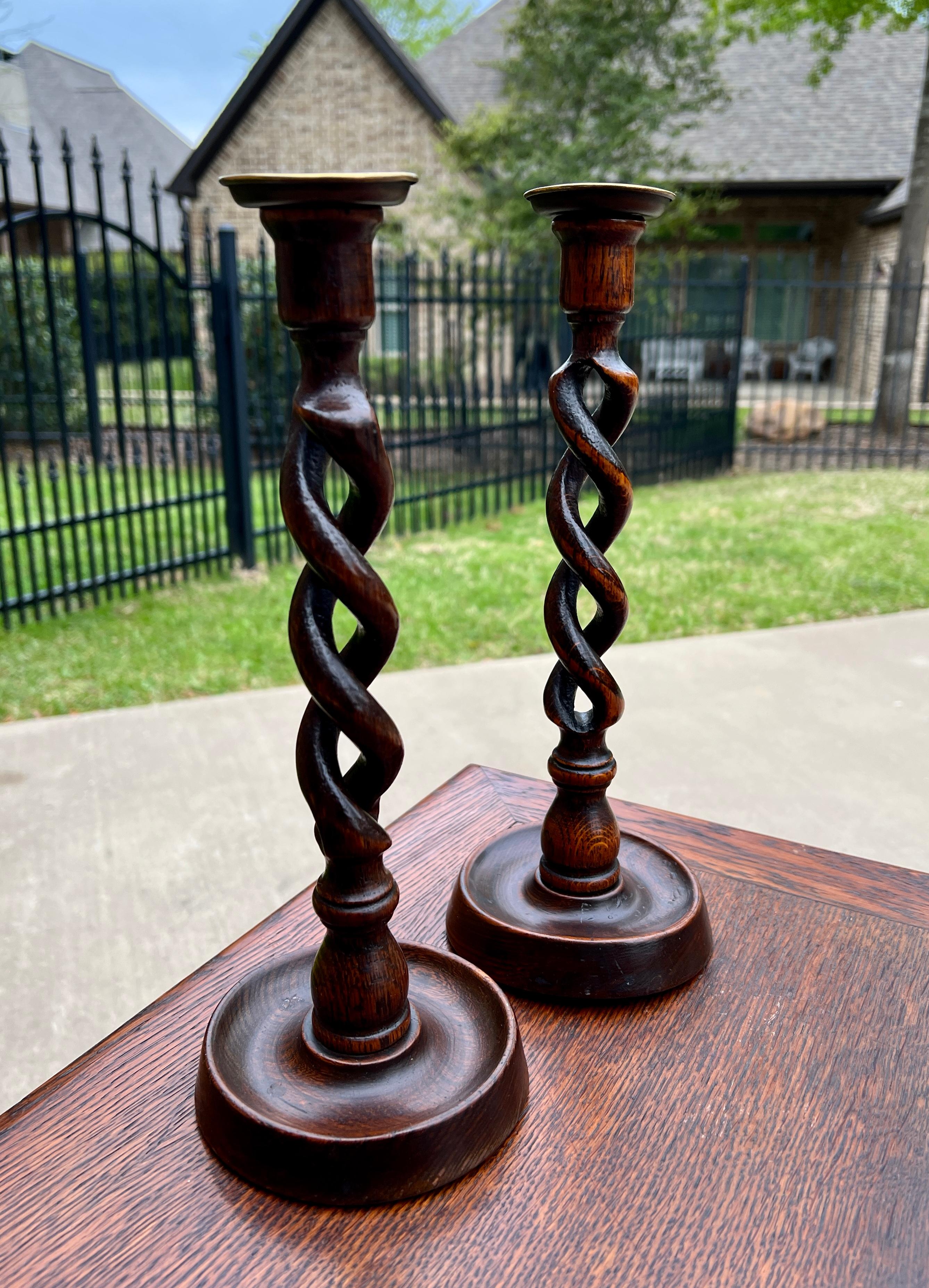 Antique English Open Barley Twist Candlesticks Candle Holders Oak PAIR 12.5