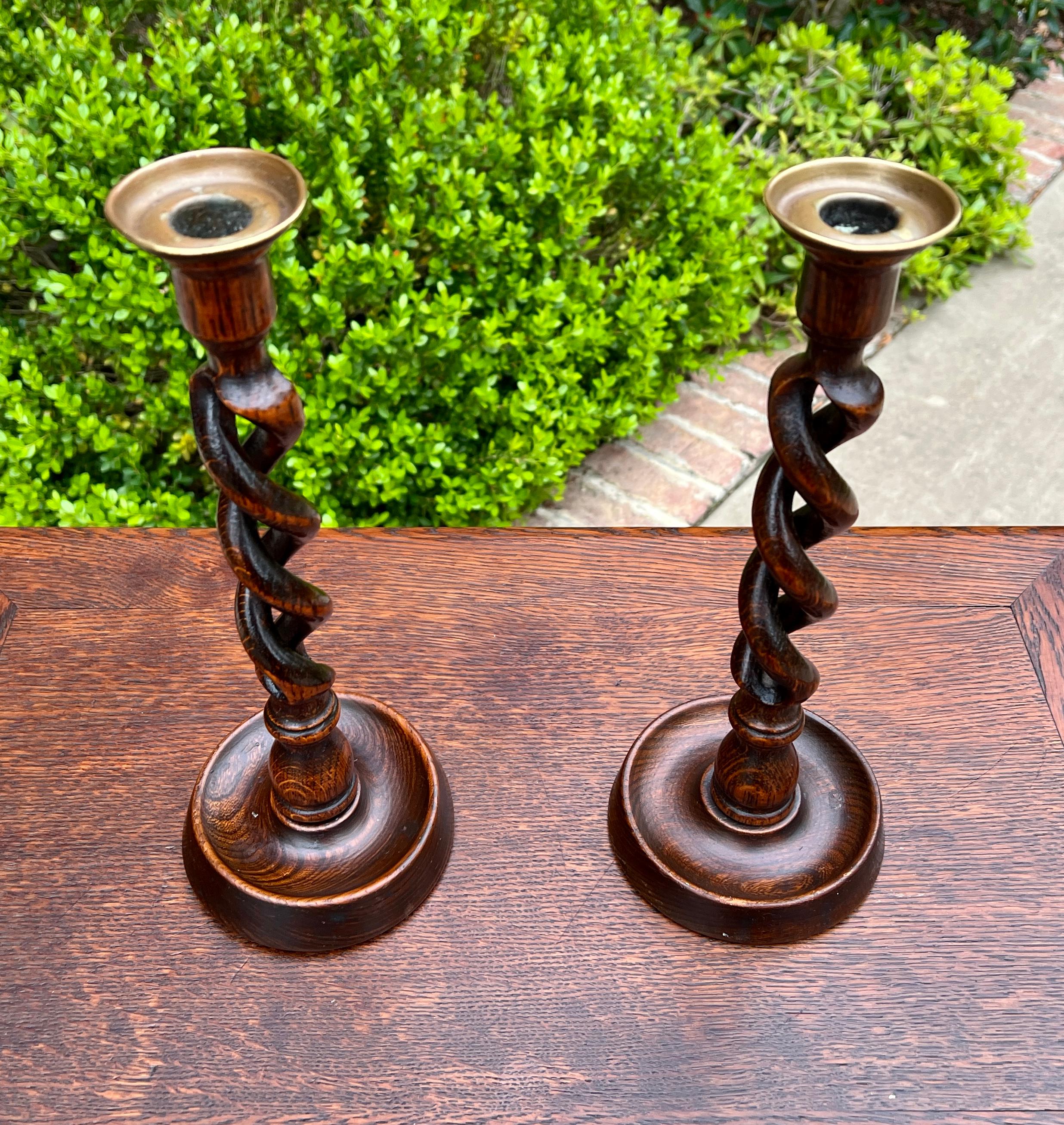 Early 20th Century Antique English Open Barley Twist Candlesticks Candle Holders Oak PAIR 12.5