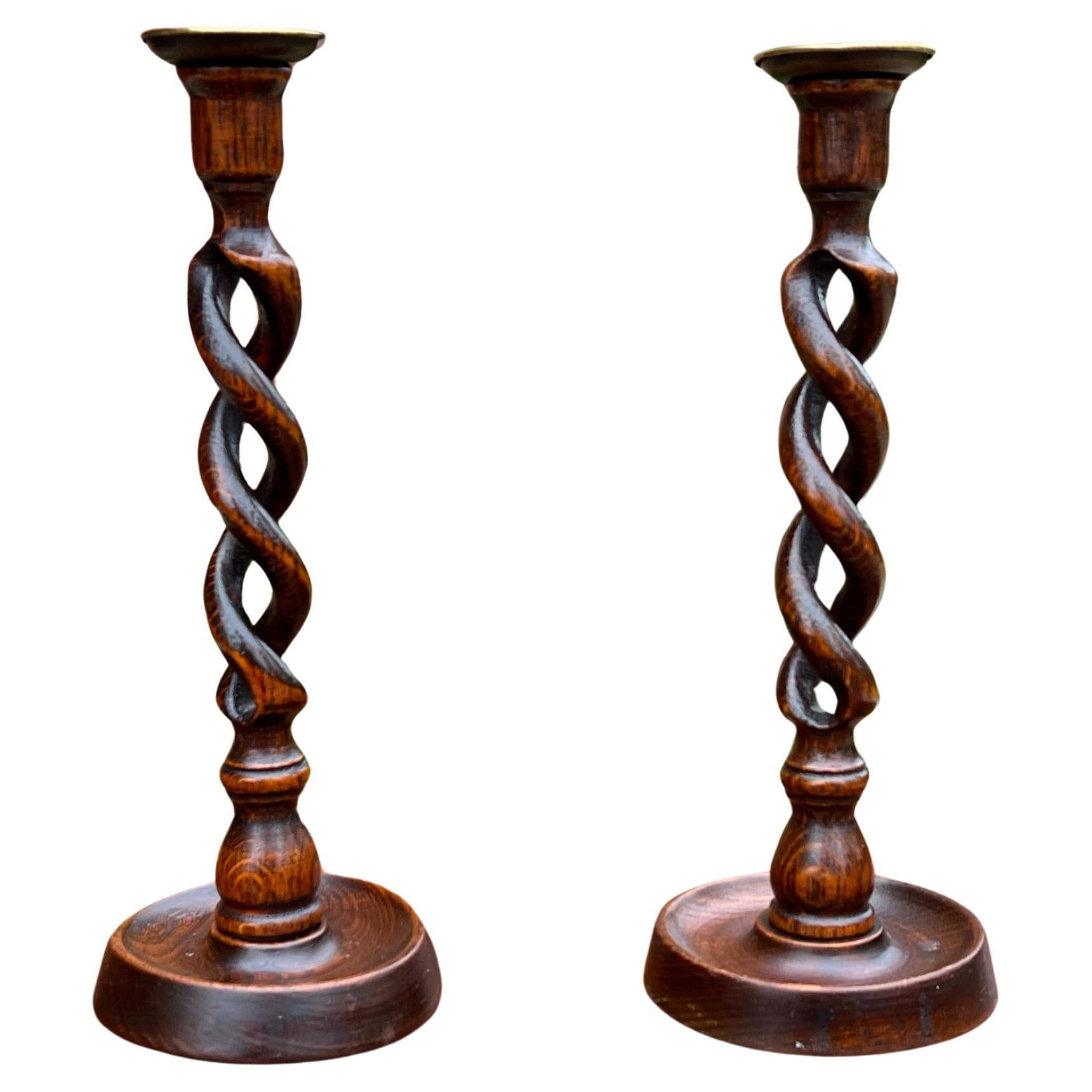 Antique English Open Barley Twist Candlesticks Candle Holders Oak PAIR 12.5" T