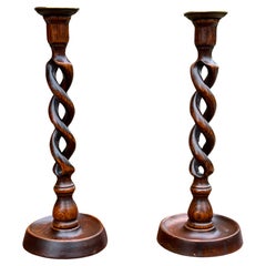 Antique English Open Barley Twist Candlesticks Candle Holders Oak PAIR 12.5" T