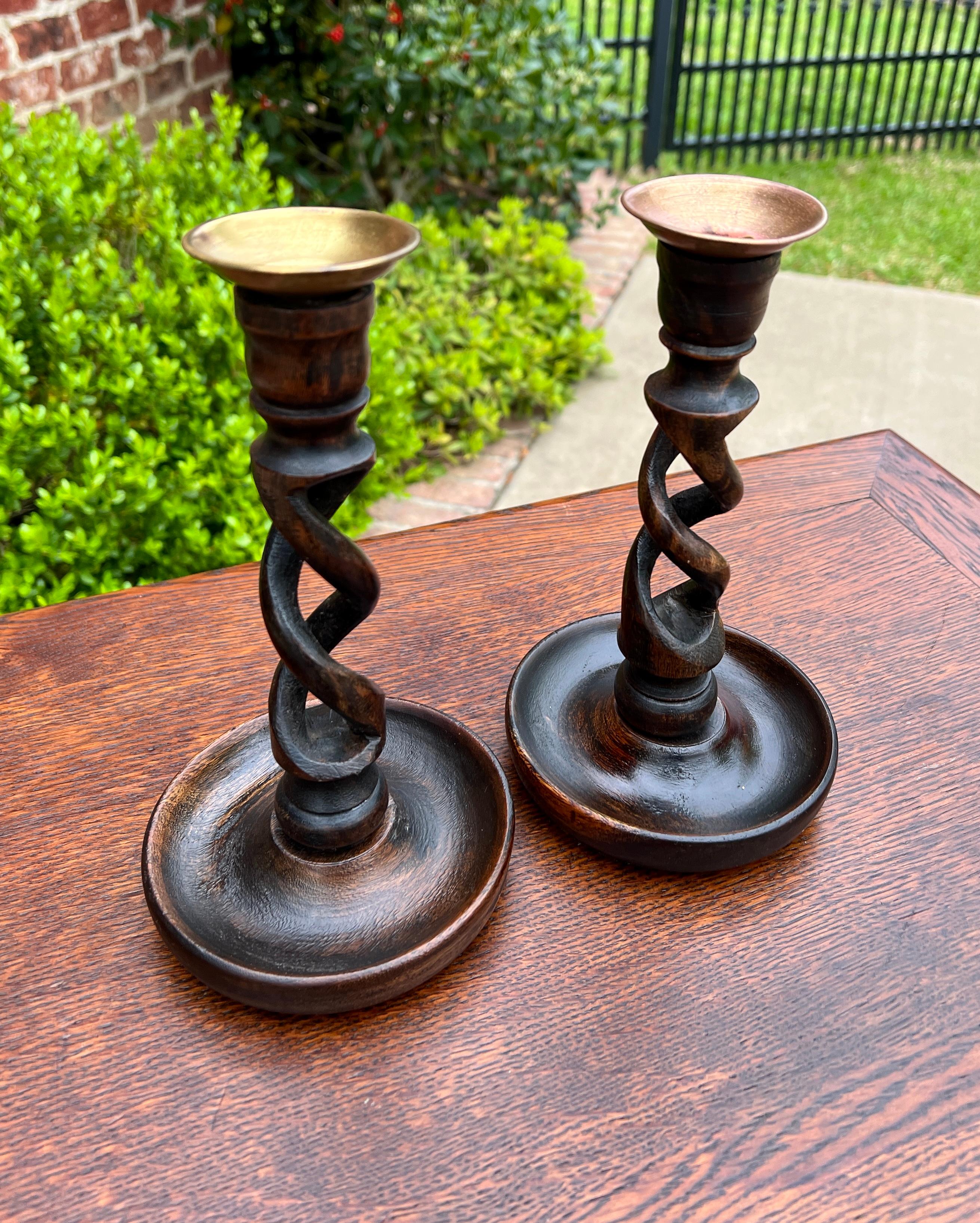 Arts and Crafts Antique English Open Barley Twist Candlesticks Candle Holders Oak PAIR 9