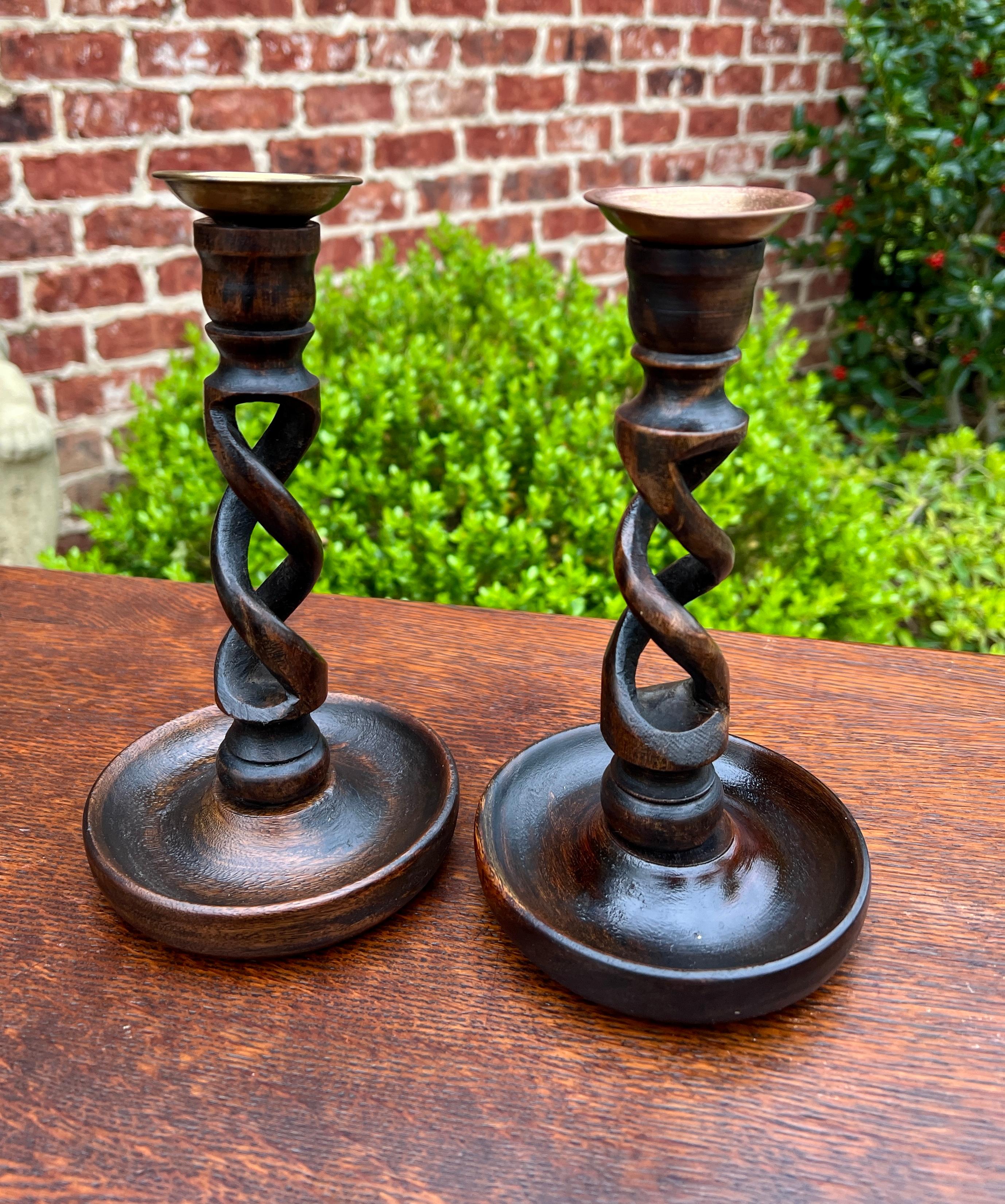 Carved Antique English Open Barley Twist Candlesticks Candle Holders Oak PAIR 9