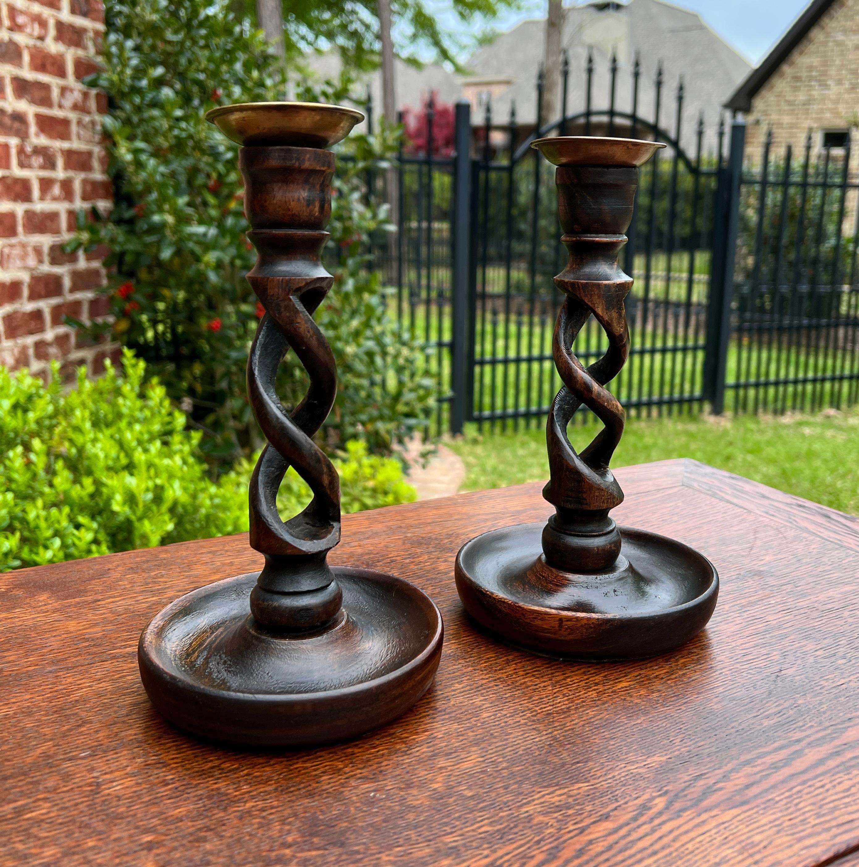 Early 20th Century Antique English Open Barley Twist Candlesticks Candle Holders Oak PAIR 9