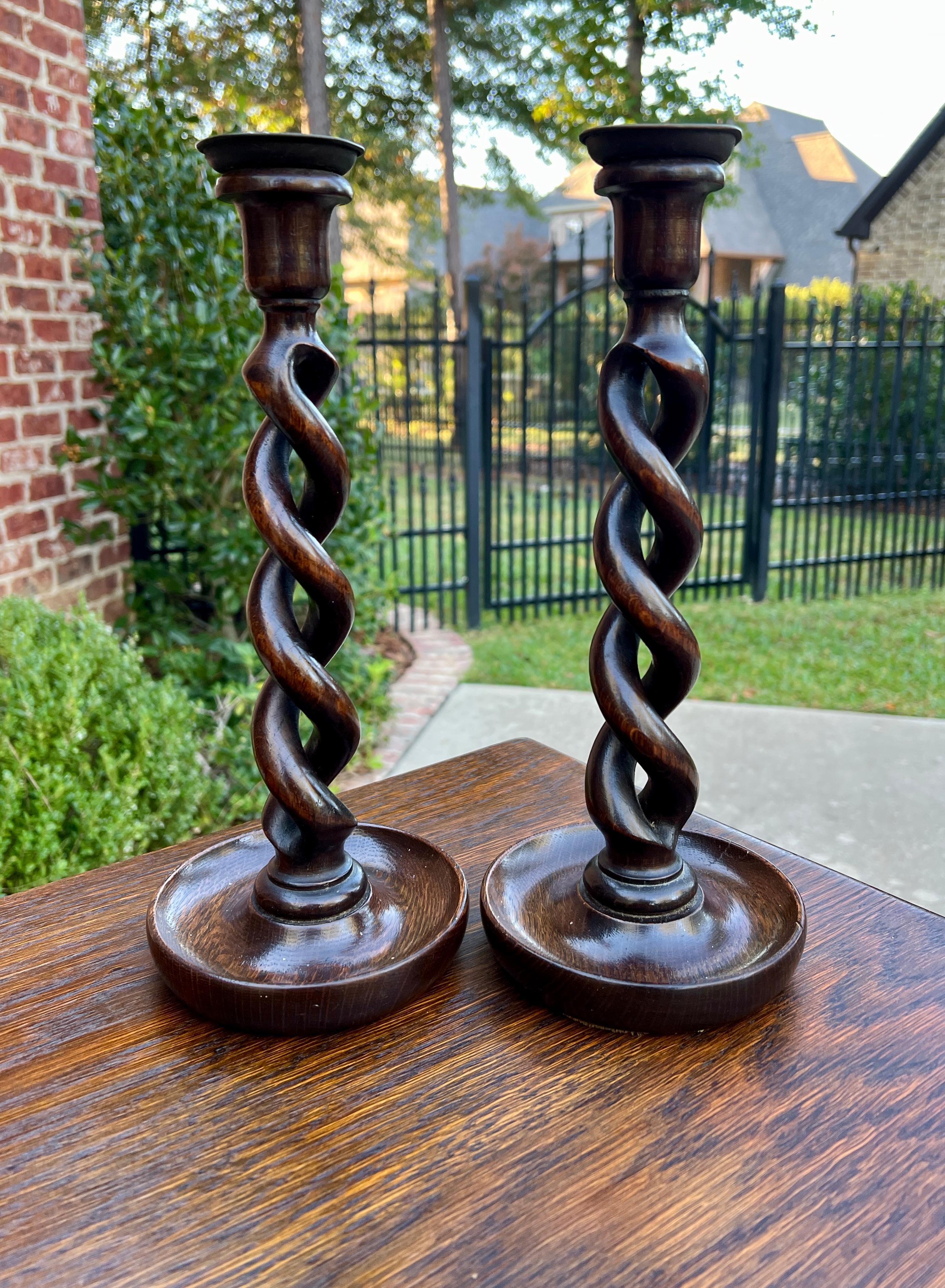 Antique English Open Barley Twist PAIR Candlesticks Candle Holders Oak 12.5