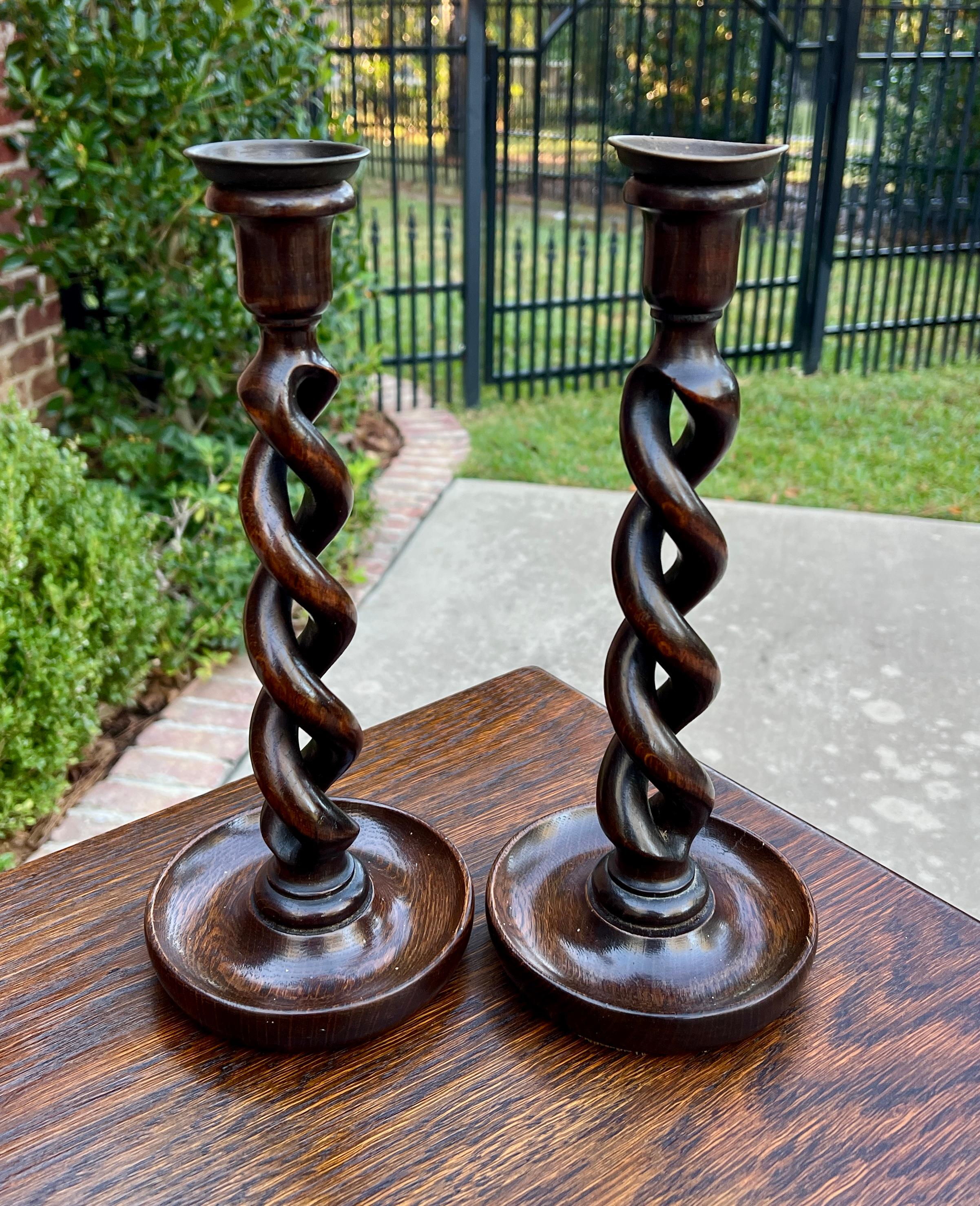 Antique English Open Barley Twist PAIR Candlesticks Candle Holders Oak 12.5