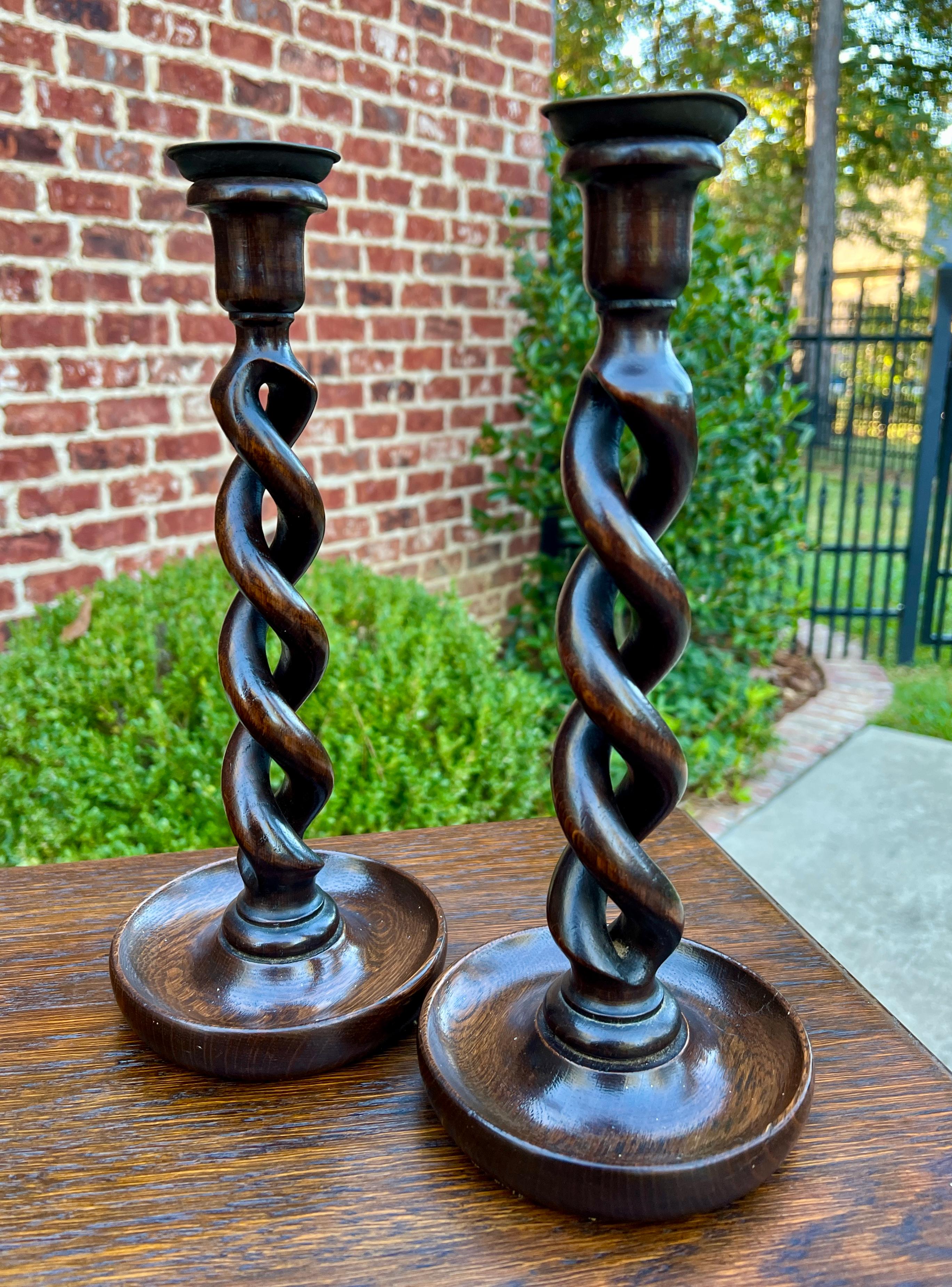 Antique English Open Barley Twist PAIR Candlesticks Candle Holders Oak 12.5