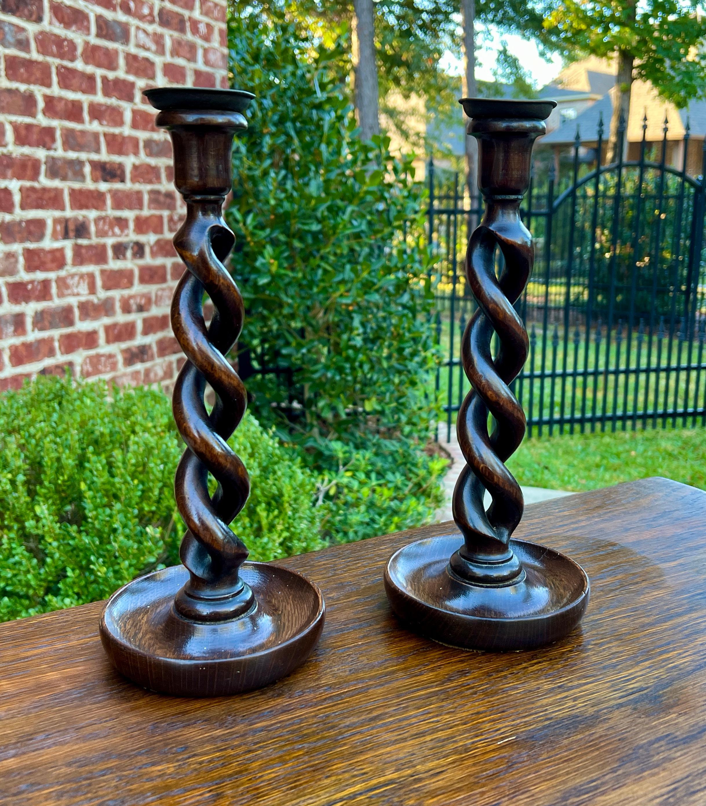 Antique English Open Barley Twist PAIR Candlesticks Candle Holders Oak 12.5
