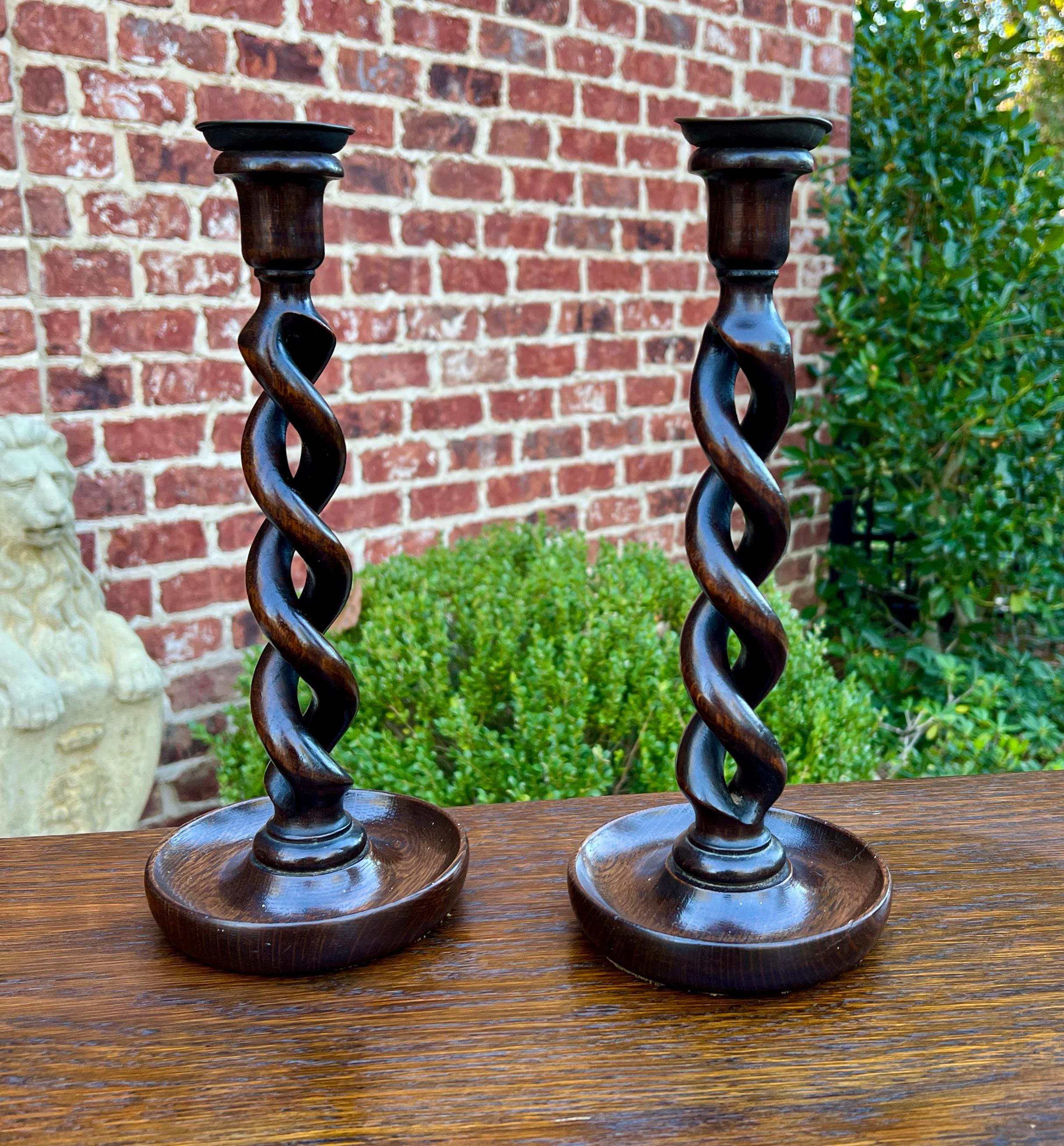 Antique English Open Barley Twist PAIR Candlesticks Candle Holders Oak 12.5
