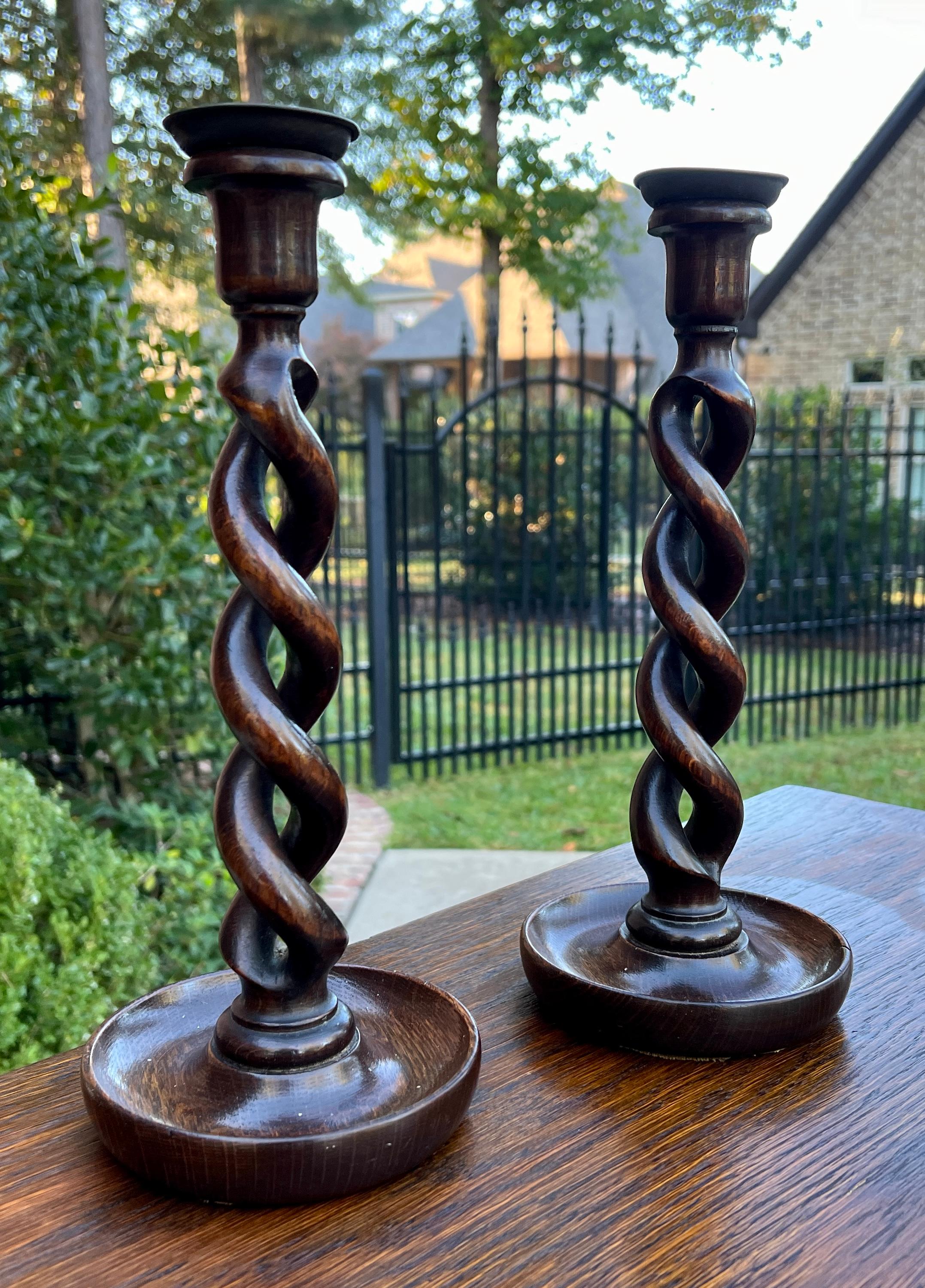 Antique English Open Barley Twist PAIR Candlesticks Candle Holders Oak 12.5